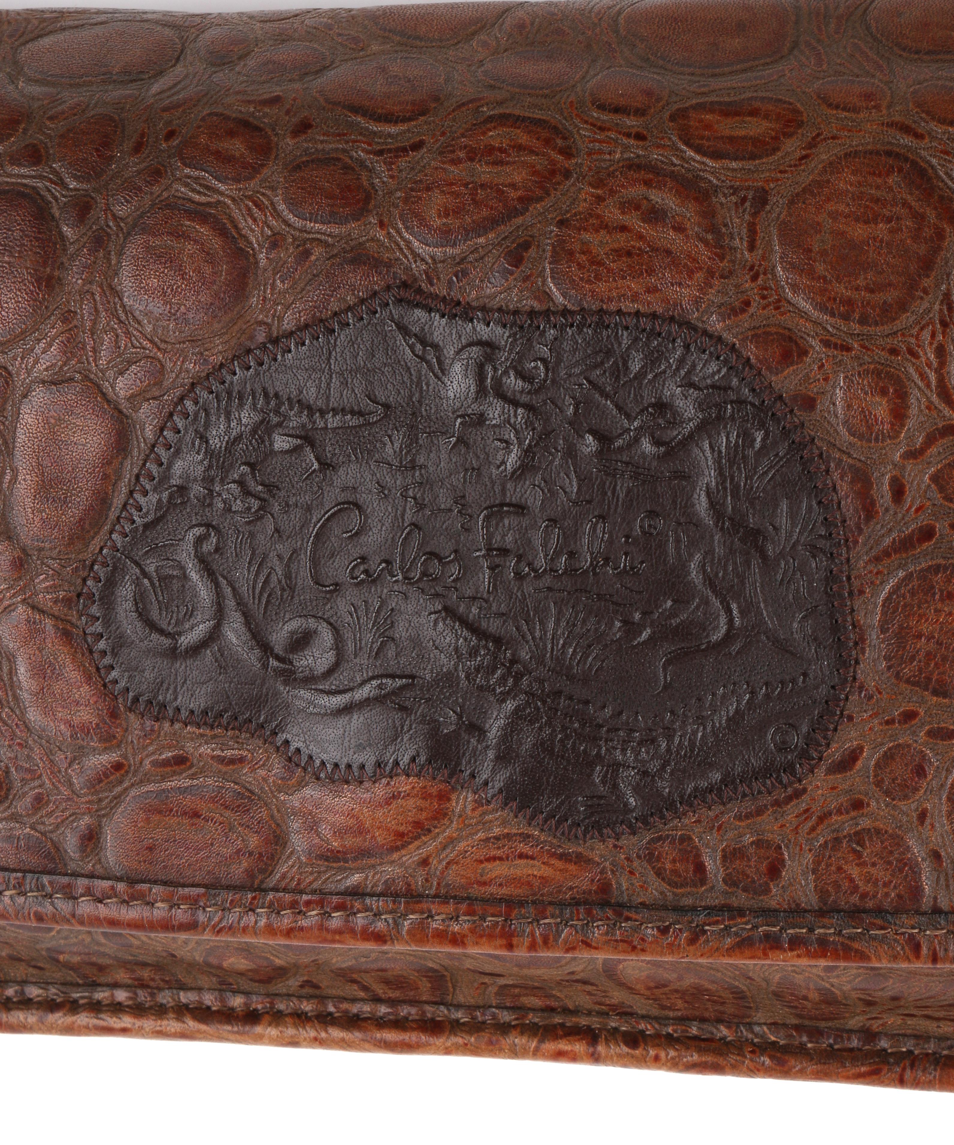 CARLOS FALCHI c.1990’s Brown Embossed Leather Patch Detail Flap Shoulder Bag  6