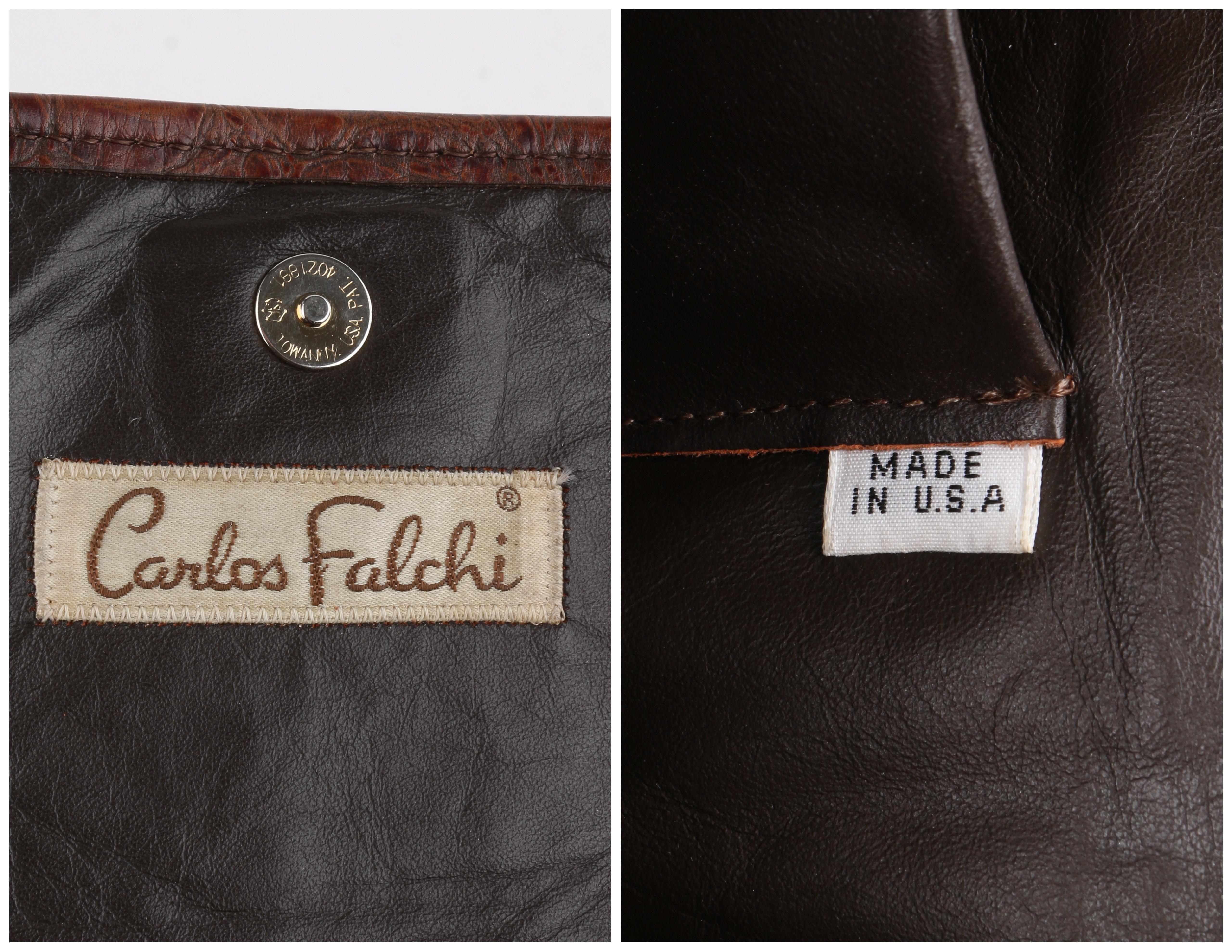 CARLOS FALCHI c.1990’s Brown Embossed Leather Patch Detail Flap Shoulder Bag  7