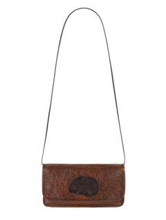 CARLOS FALCHI c.1990’s Brown Embossed Leather Patch Detail Flap Shoulder Bag