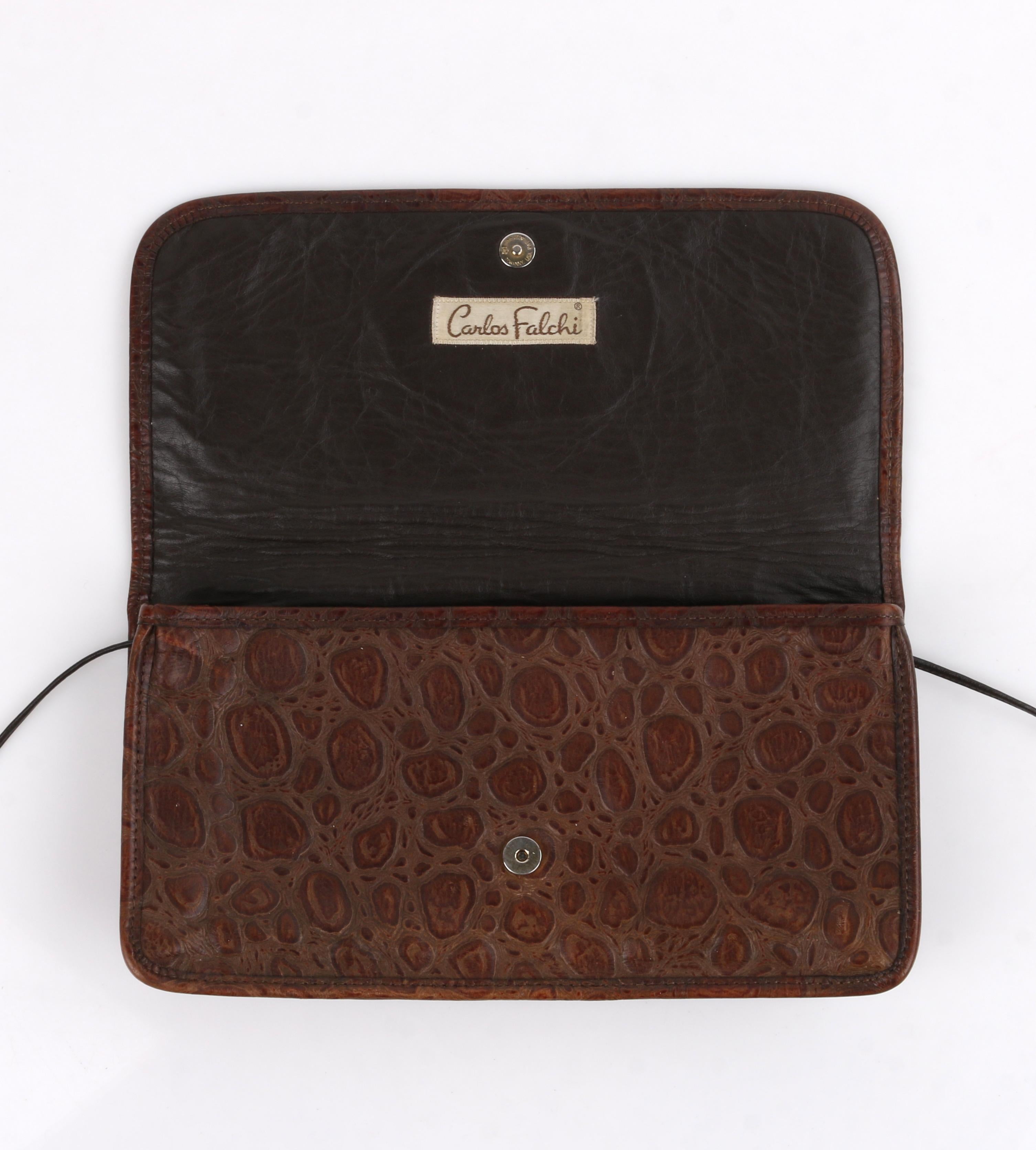 CARLOS FALCHI c.1990’s Brown Embossed Leather Patch Detail Flap Shoulder Bag  1