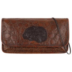 CARLOS FALCHI c.1990’s Brown Embossed Leather Patch Detail Flap Shoulder Bag