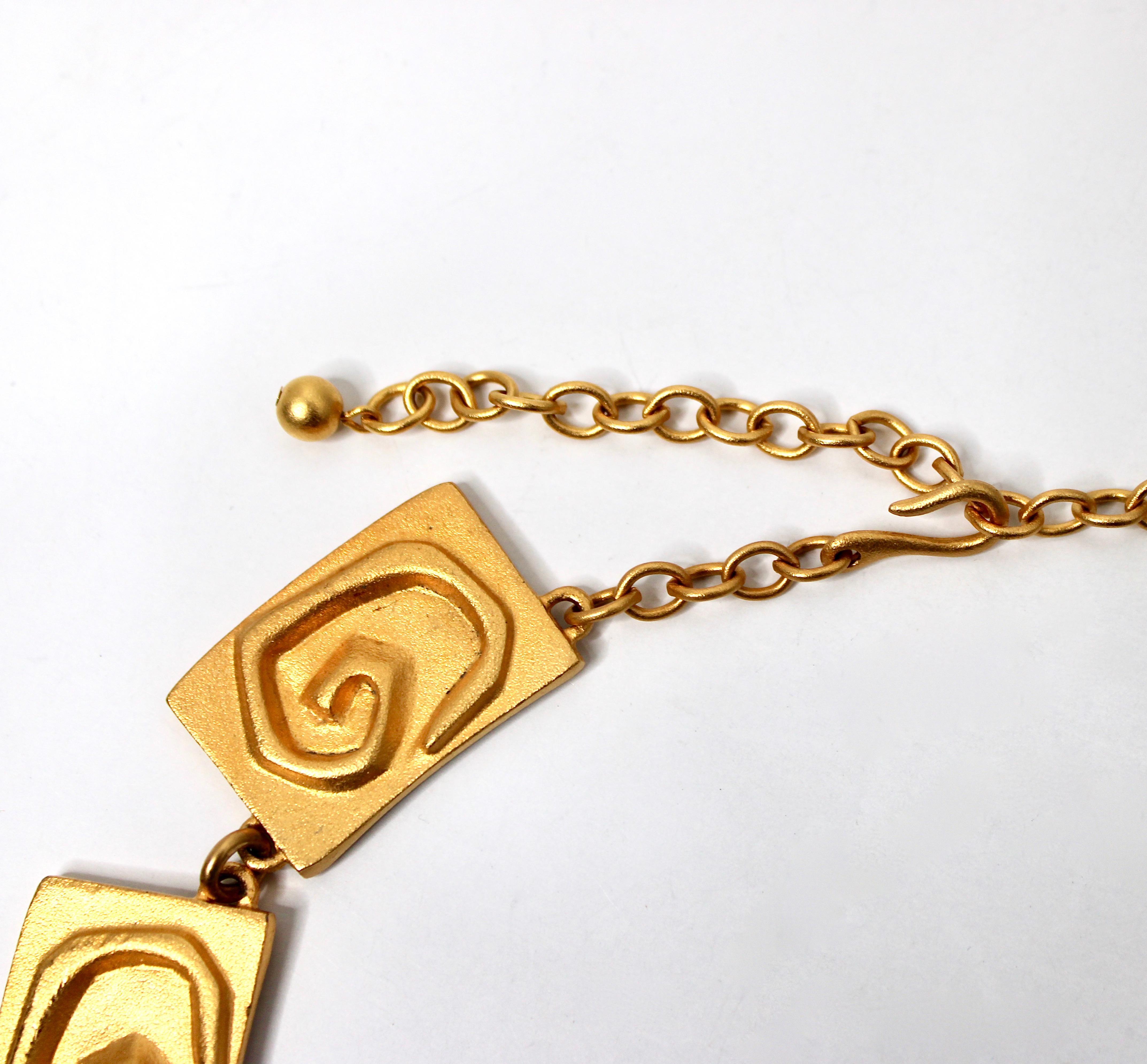 Carlos Falchi Hieroglyph Style Cabochon Gold-Tone Necklace In Good Condition For Sale In Scottsdale, AZ