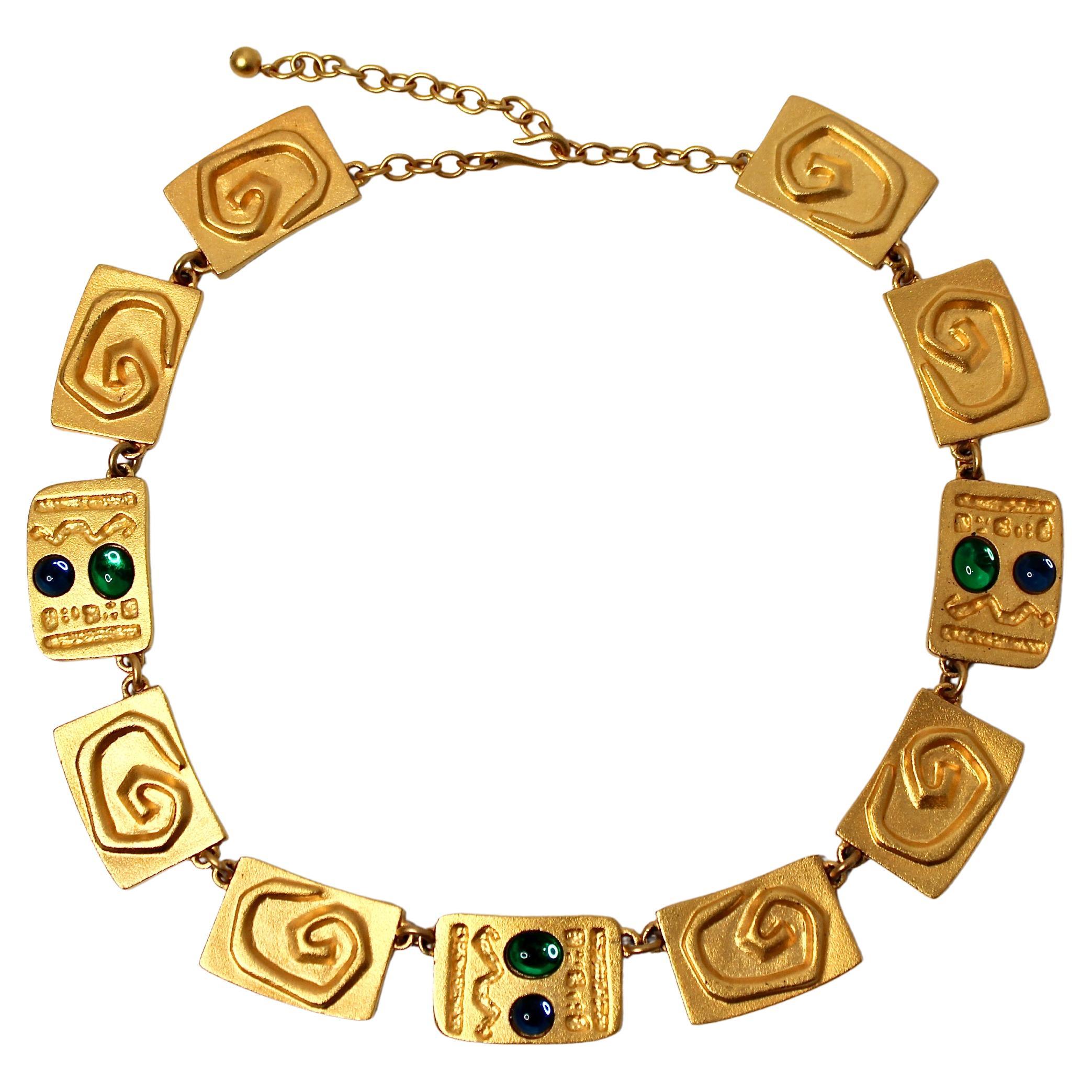 Carlos Falchi Hieroglyph Style Cabochon Gold-Tone Necklace For Sale