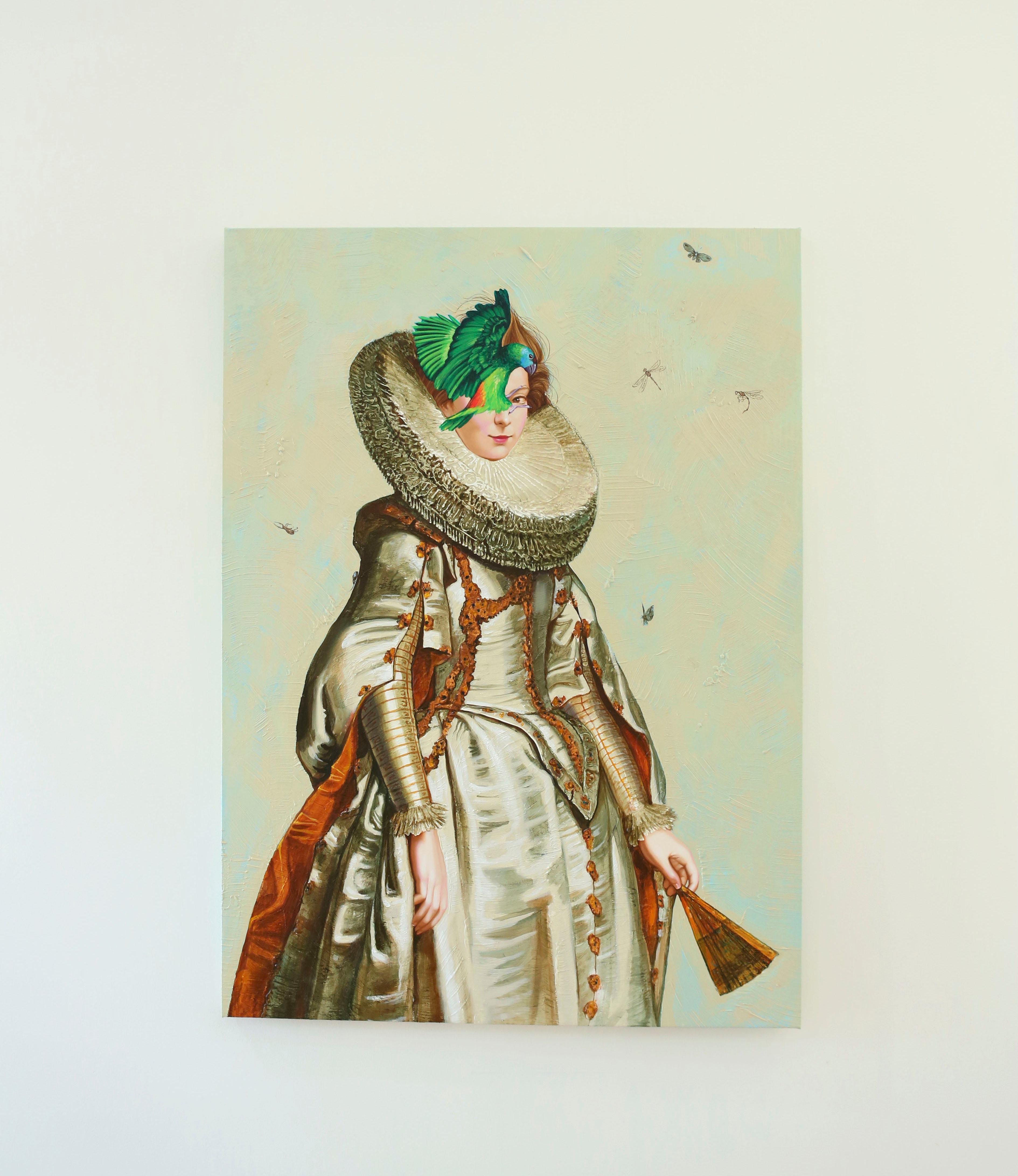 Zeitgenössische amerikanische Kunst von Carlos Gamez De Francisco  - Papageien und Könige I (Grau), Figurative Painting, von Carlos Gamez de Francisco 
