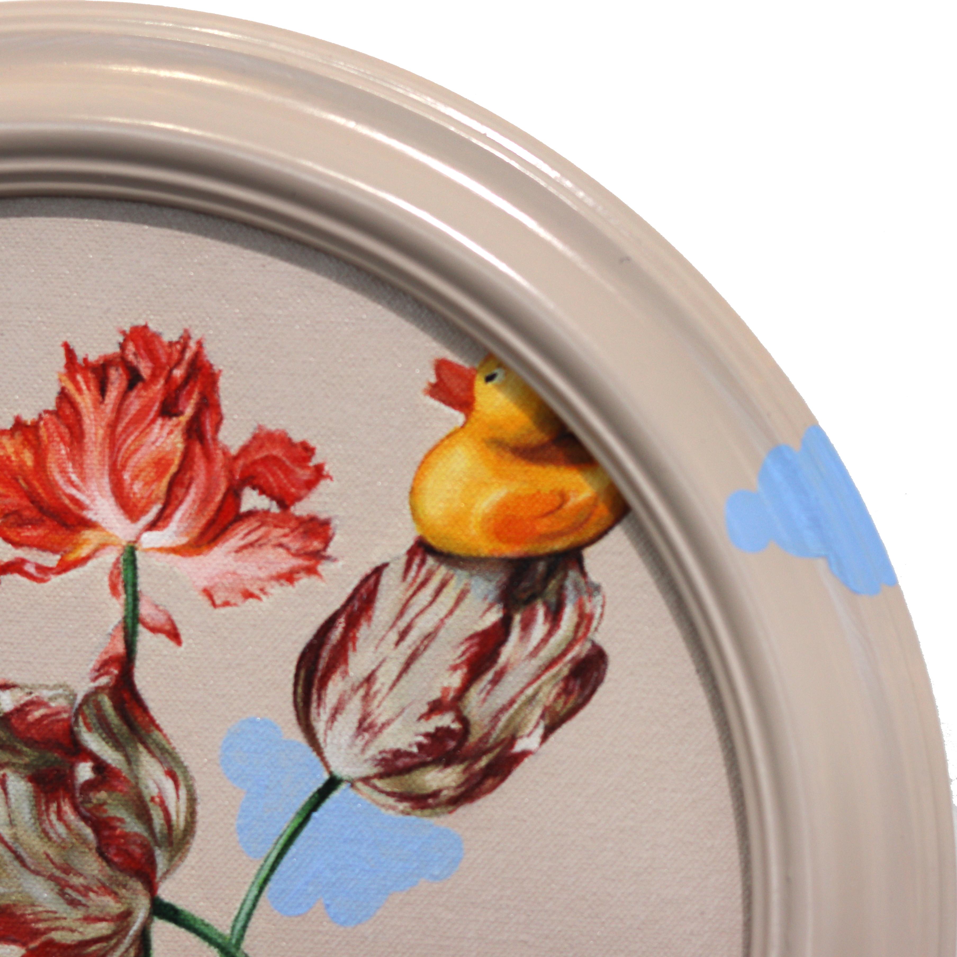 A Duck Flying Above the Clouds - Original Floral Surrealist Artwork on Canvas For Sale 1