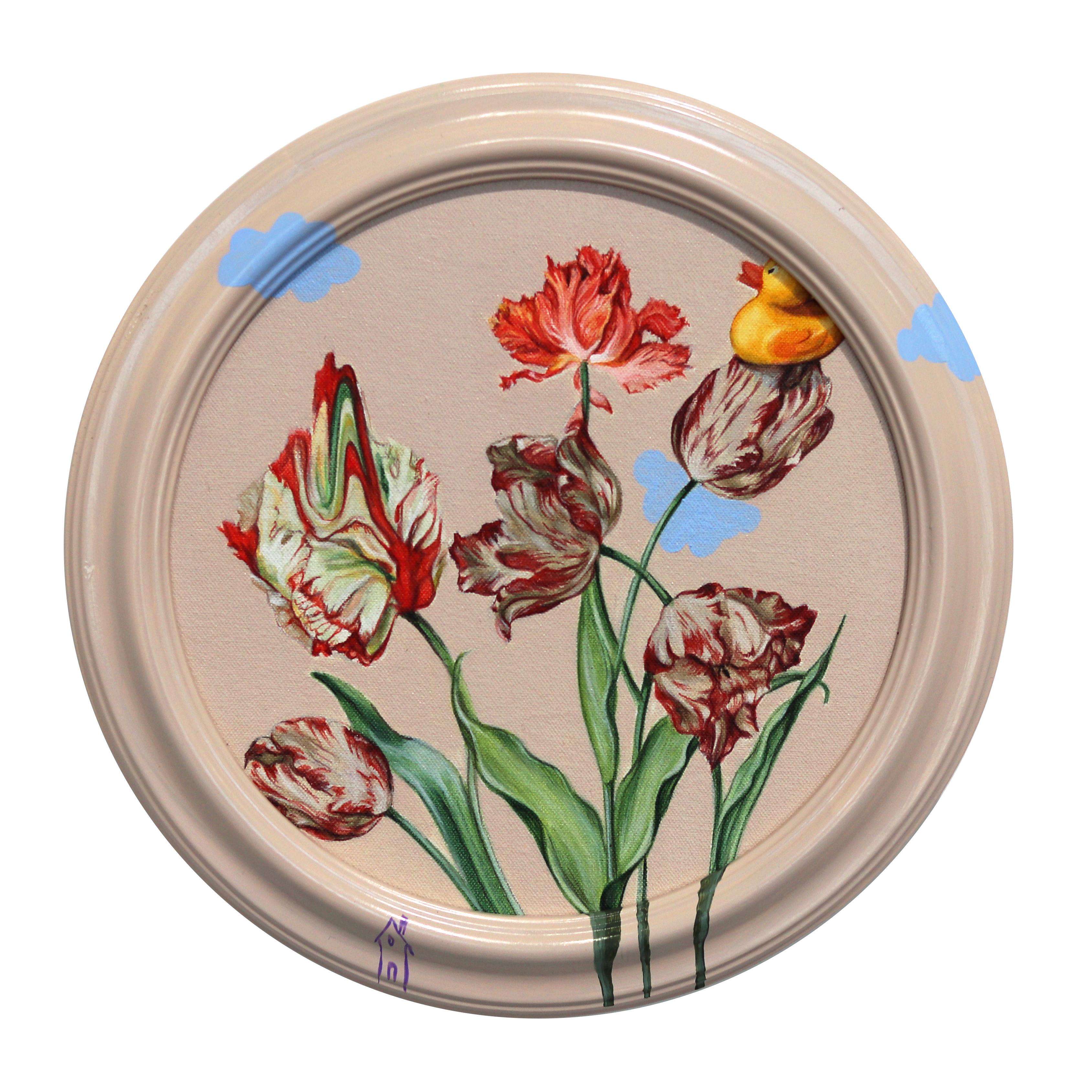 Eine Ente fliegt über den Wolken - Original Floral Surrealist Kunstwerk auf Leinwand