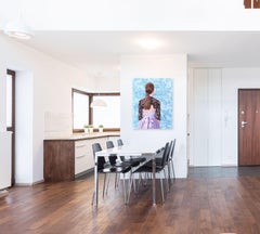 Blue - Original Figurative Girl with Black Lace Violet Dress Painting on Canvas