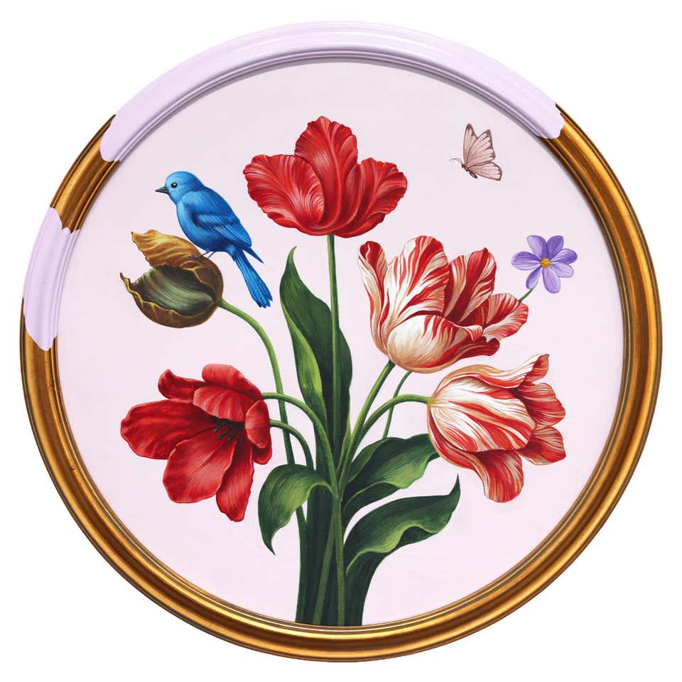 Bluebird, Tulip Petals - Framed Botanical Flowers & Birds Still Life Painting