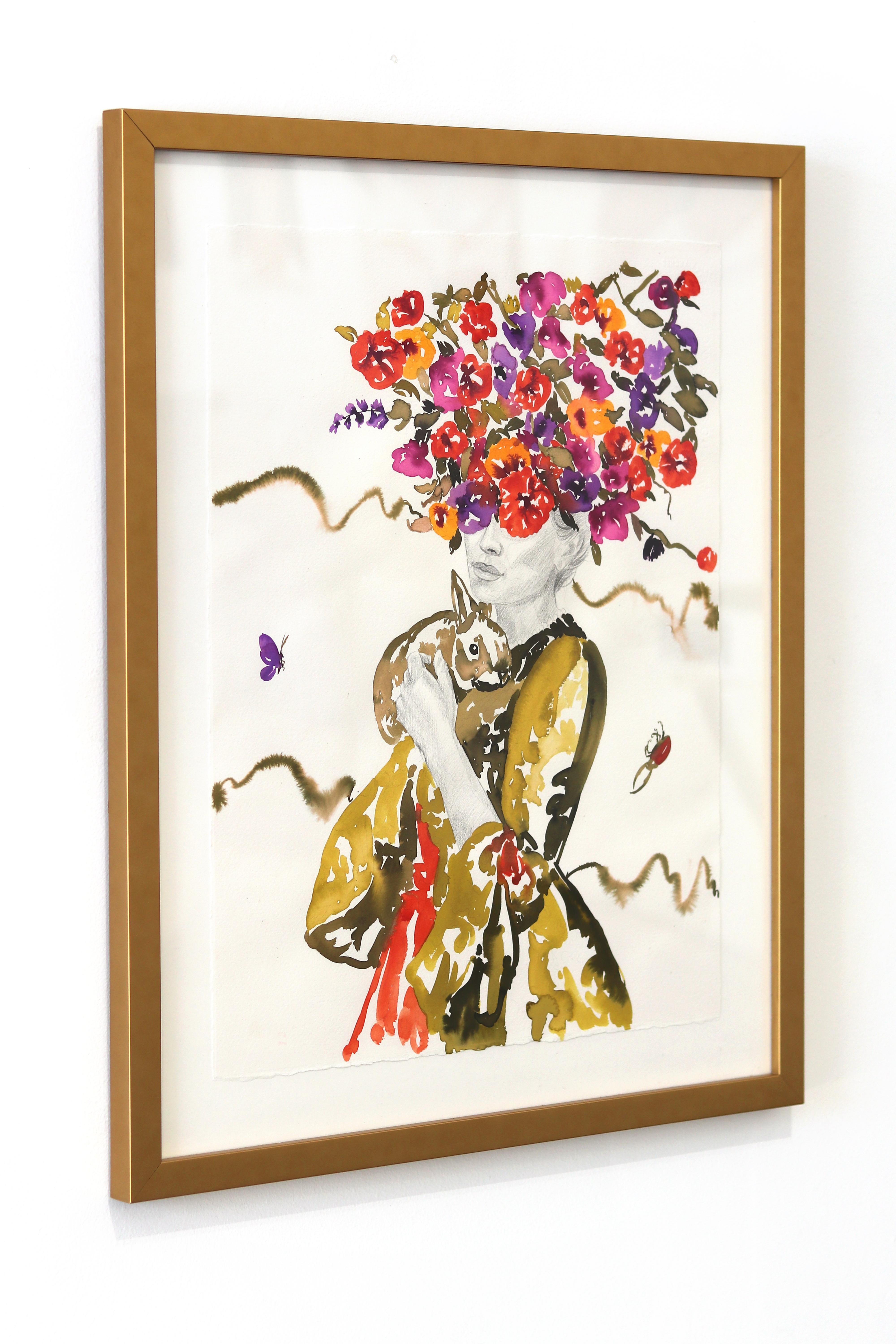 Bunny I - Original Buntes Florales Figuratives Weibliches Surrealistisches Gerahmtes Kunstwerk (Weiß), Figurative Painting, von Carlos Gamez De Francisco