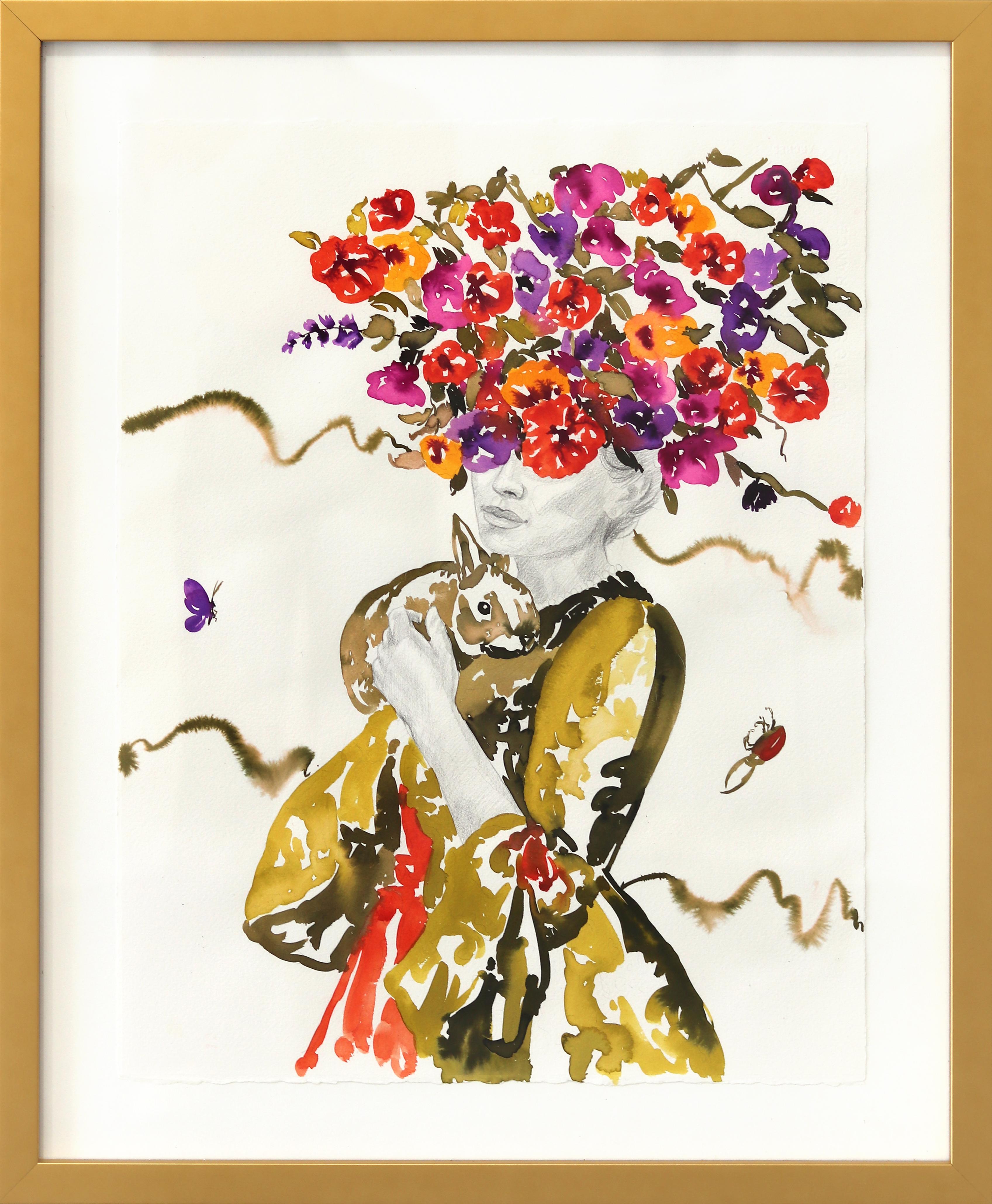 Bunny I - Original Colorful Floral Figurative Feminine Surrealist Framed Artwork