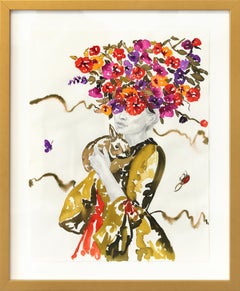 Coniglietto I - Opera d'arte originale colorata, floreale, figurativa e surrealista con cornice