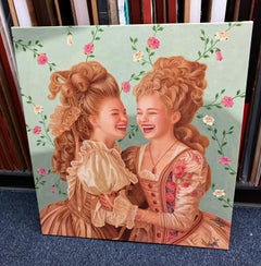 Peinture acrylique figurative contemporaine sur toile, fond floral, réalisme