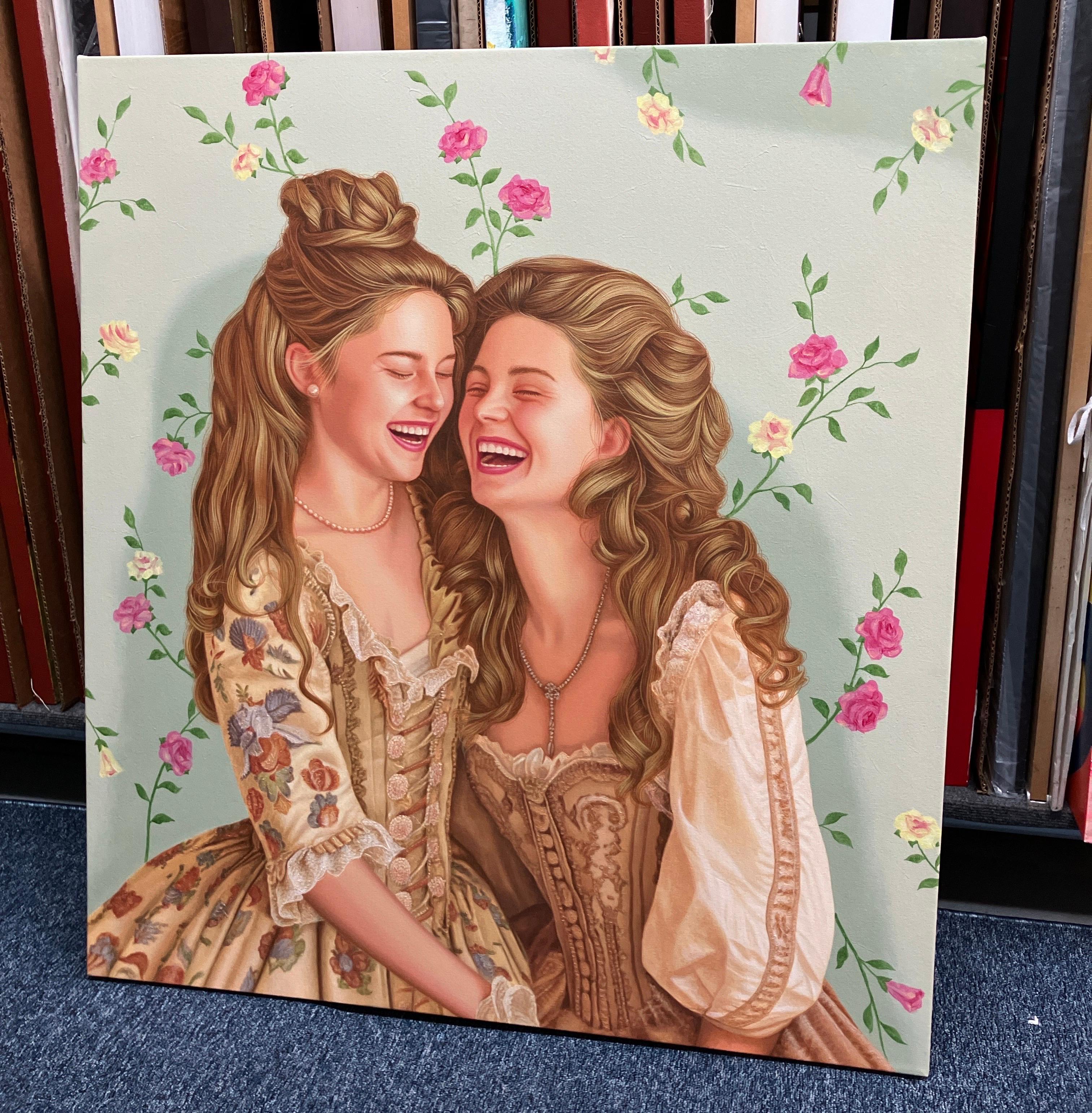 Zeitgenössische figurative Acrylmalerei auf Leinwand, floraler Hintergrund, Realismus (Beige), Figurative Painting, von Carlos Gamez De Francisco