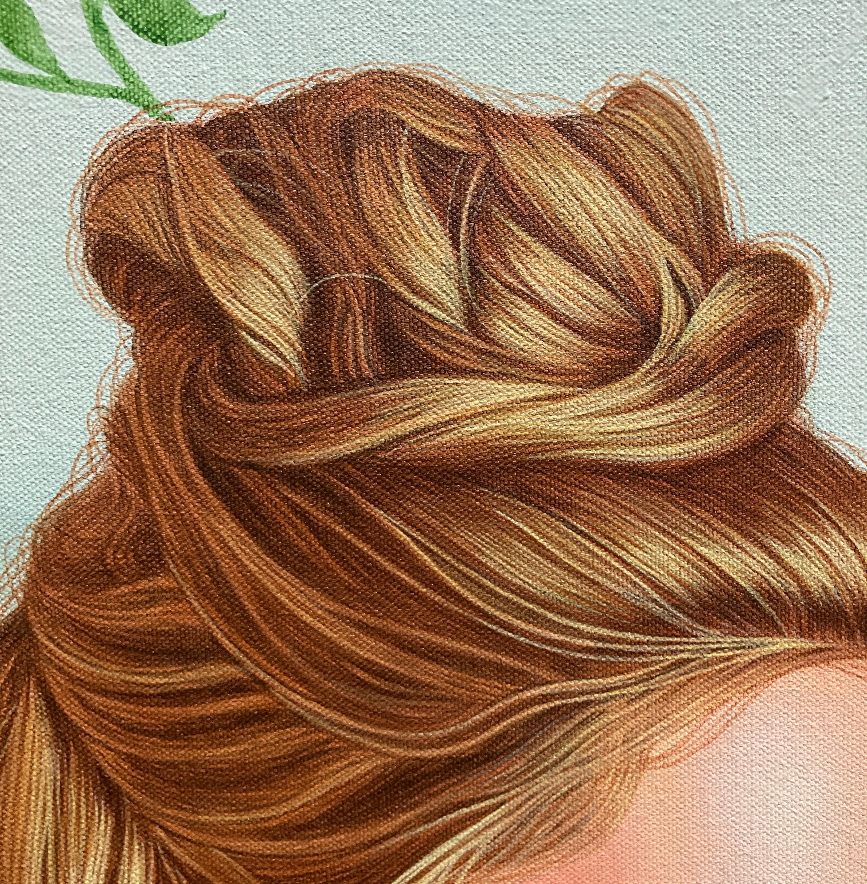 Zeitgenössische figurative Acrylmalerei auf Leinwand, floraler Hintergrund, Realismus im Angebot 1