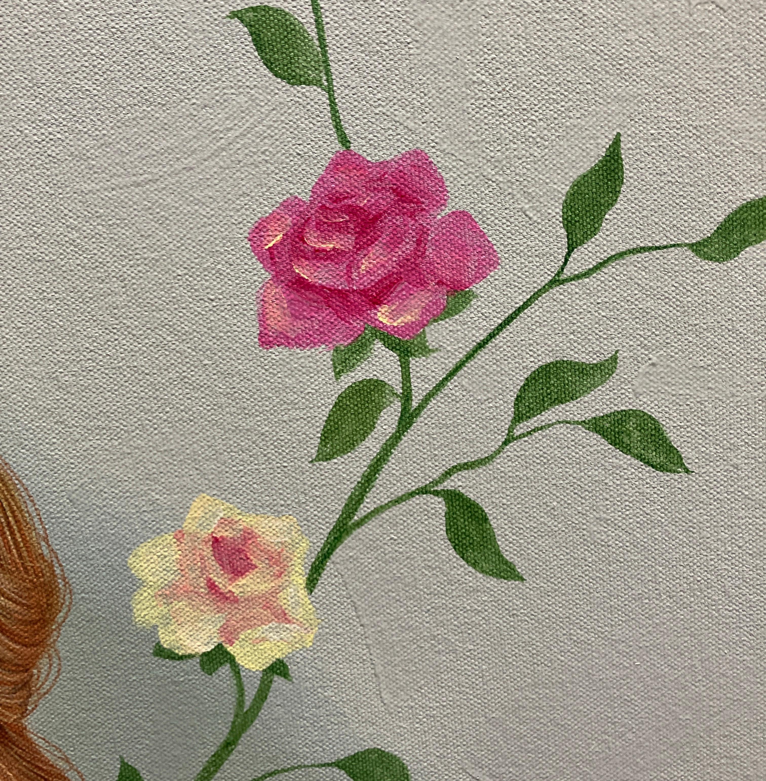 Zeitgenössische figurative Acrylmalerei auf Leinwand, floraler Hintergrund, Realismus im Angebot 2