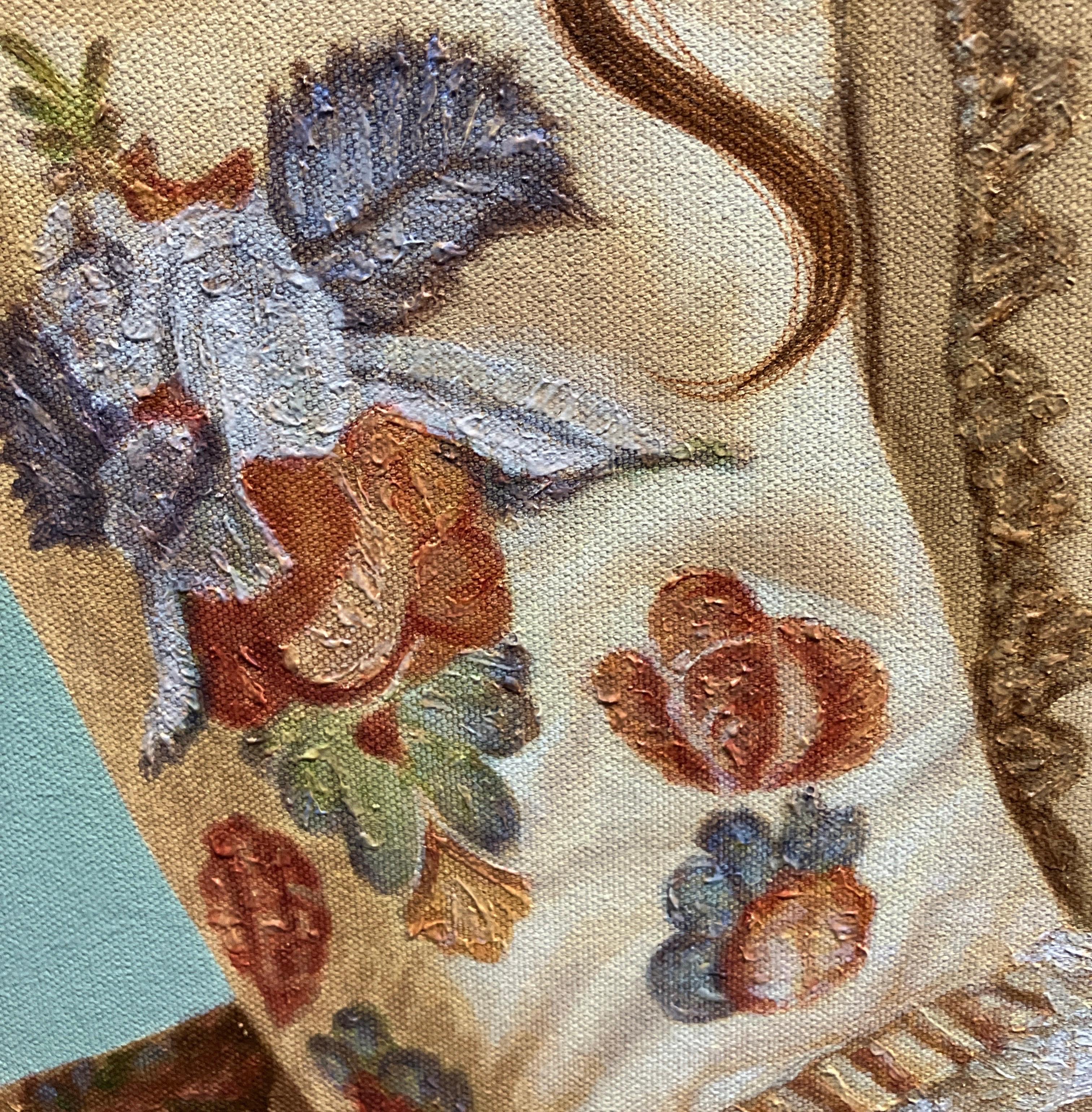 Zeitgenössische figurative Acrylmalerei auf Leinwand, floraler Hintergrund, Realismus im Angebot 3