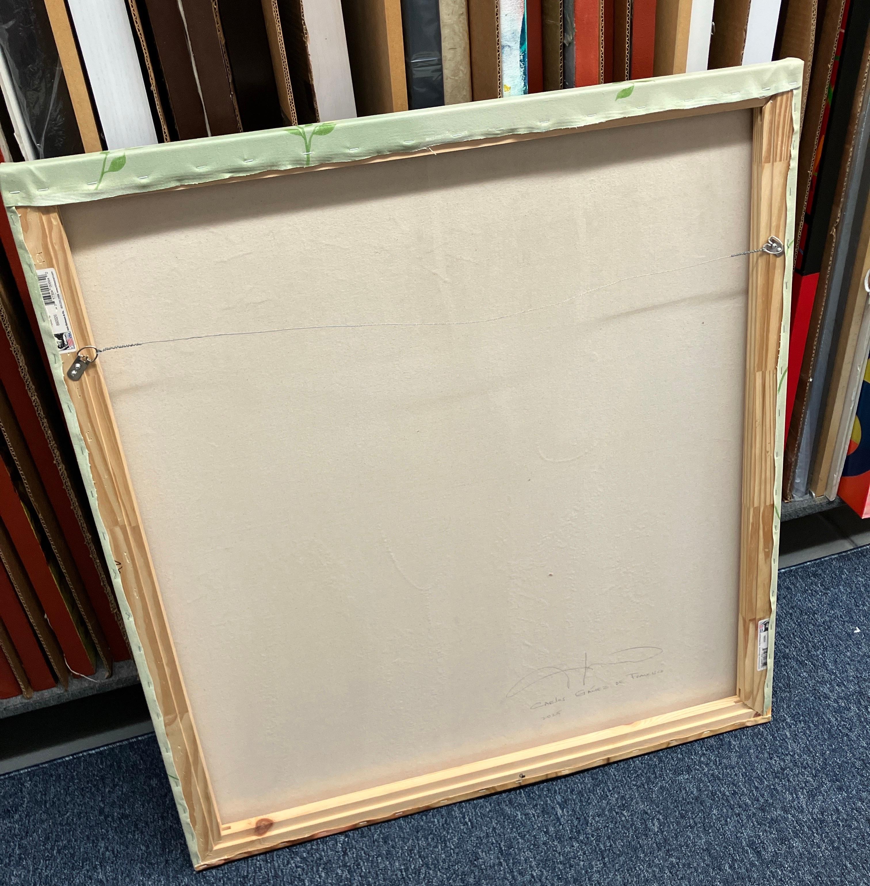 Zeitgenössische figurative Acrylmalerei auf Leinwand, floraler Hintergrund, Realismus im Angebot 4