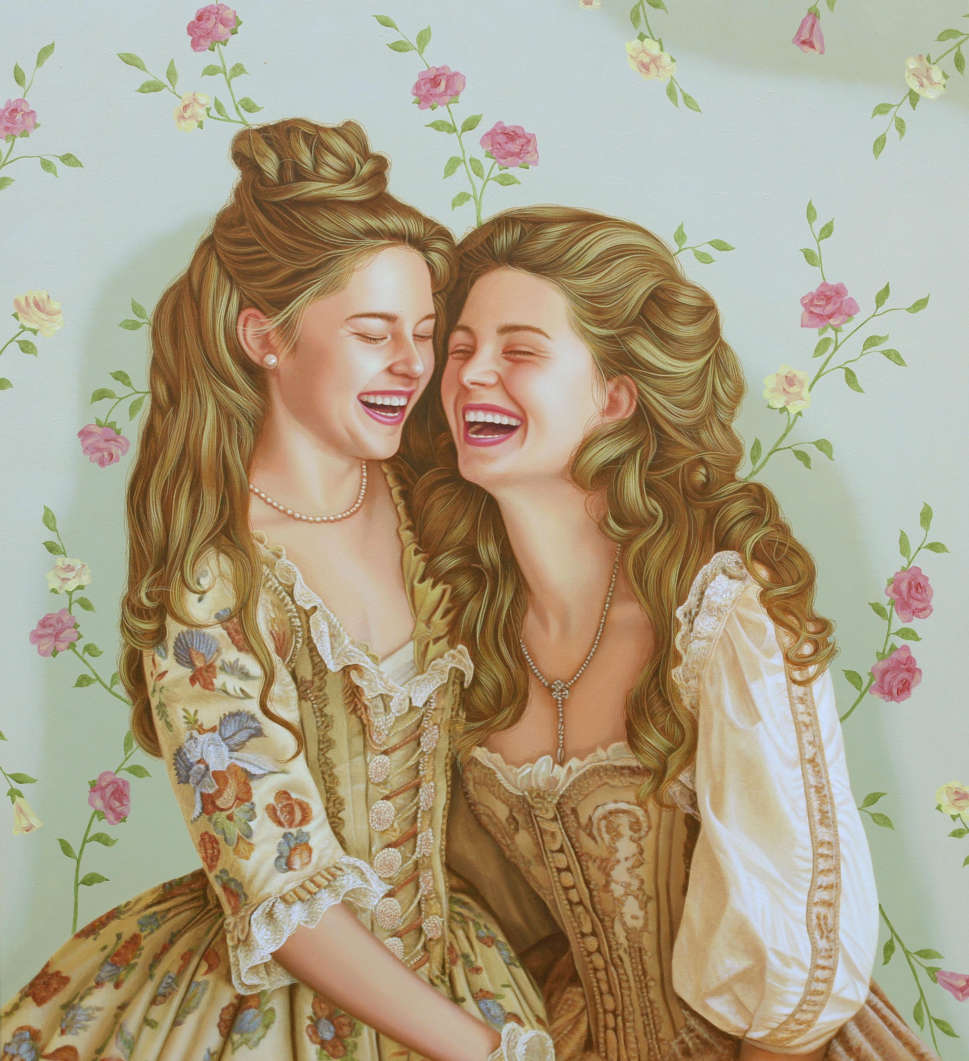 Zeitgenössische figurative Acrylmalerei auf Leinwand, floraler Hintergrund, Realismus