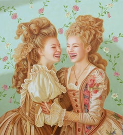 Pittura acrilica figurativa contemporanea su tela, sfondo floreale, realismo