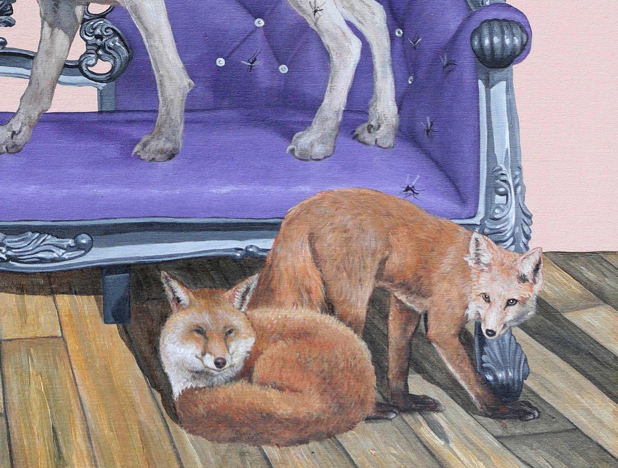 Hunde und Fuchsfell (Grau), Animal Painting, von Carlos Gamez De Francisco