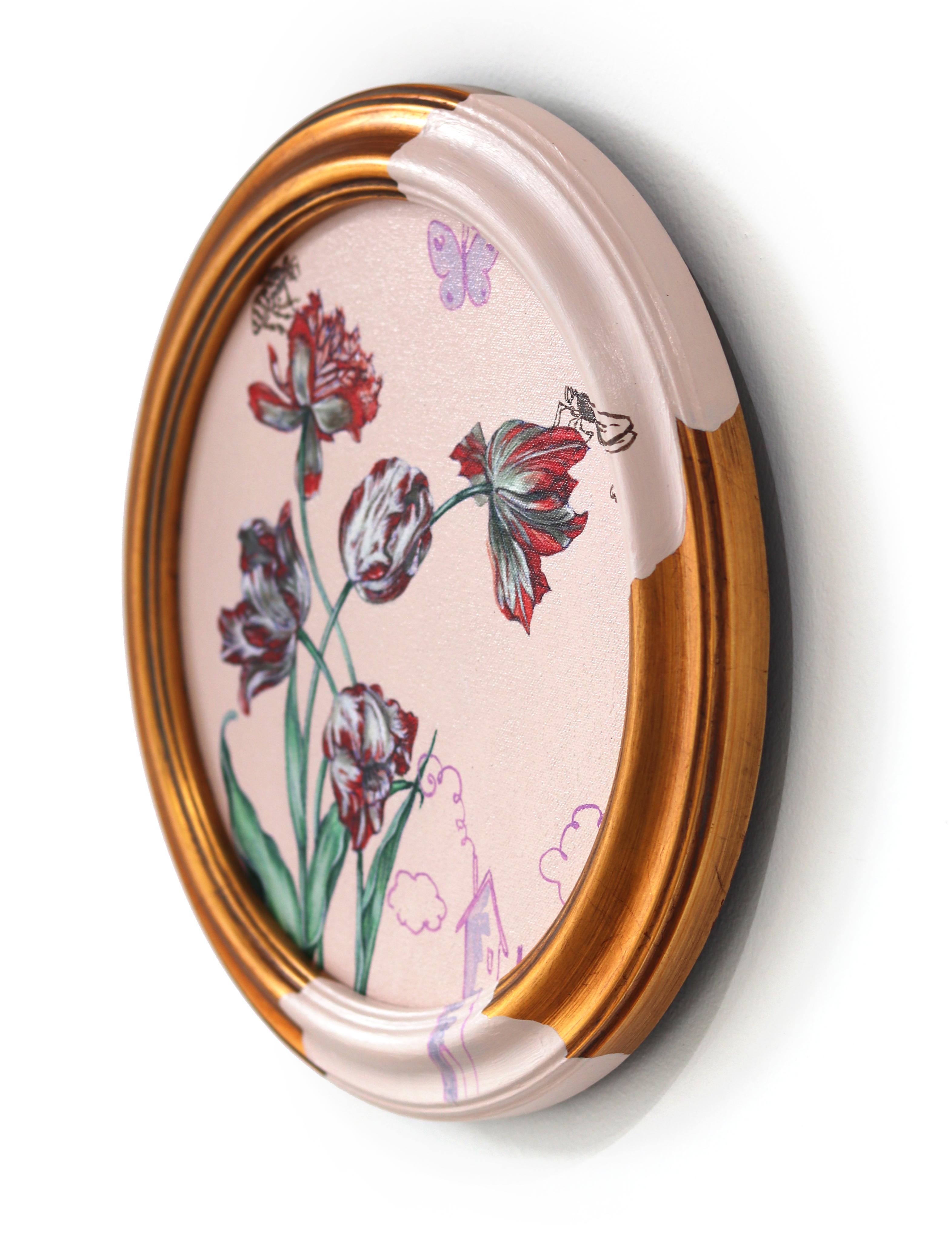Cinco Tulipanes Rojos - Obra de Arte Floral Original Rosa sobre Lienzo - Landscape Painting Beige de Carlos Gamez De Francisco