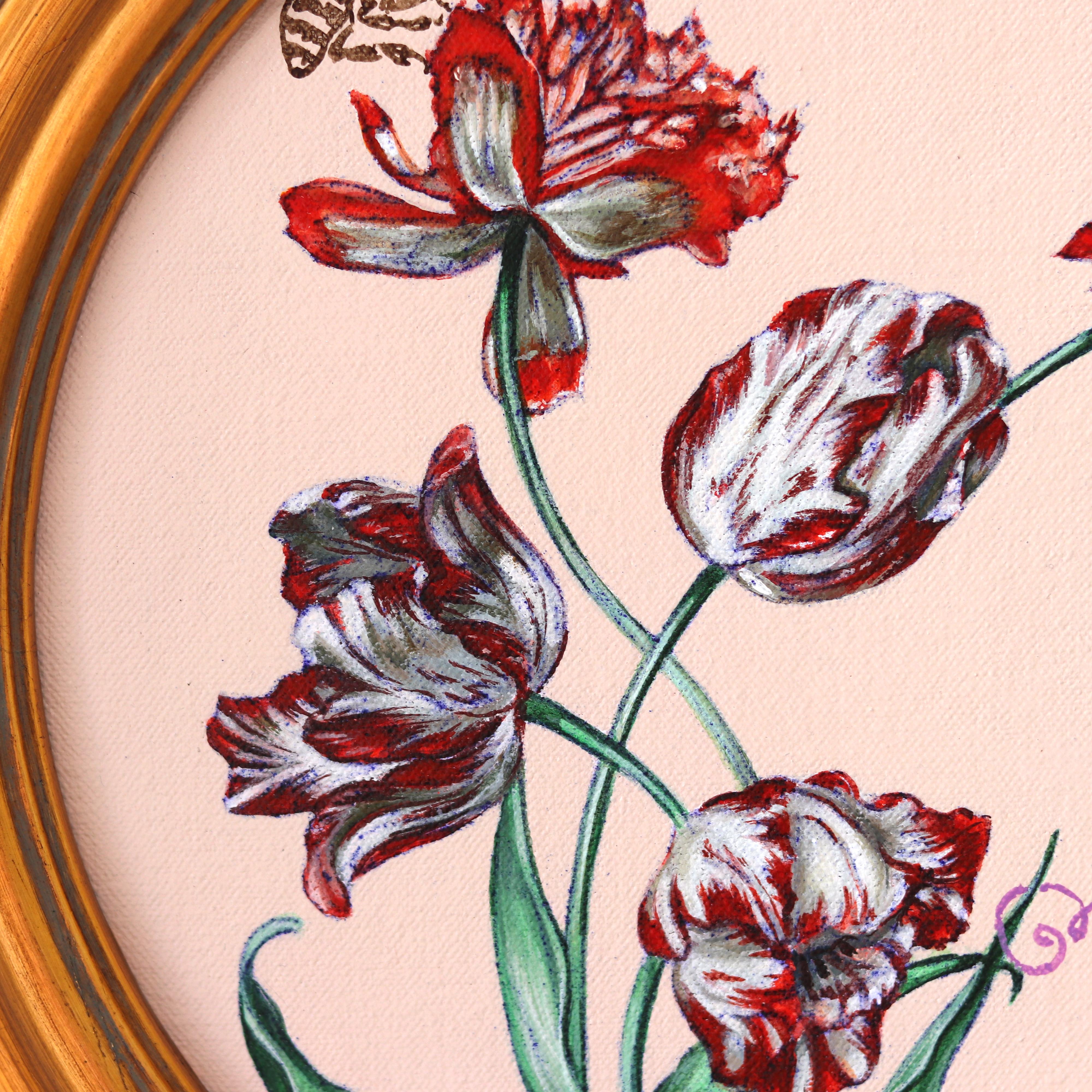 Cinco Tulipanes Rojos - Obra de Arte Floral Original Rosa sobre Lienzo en venta 3