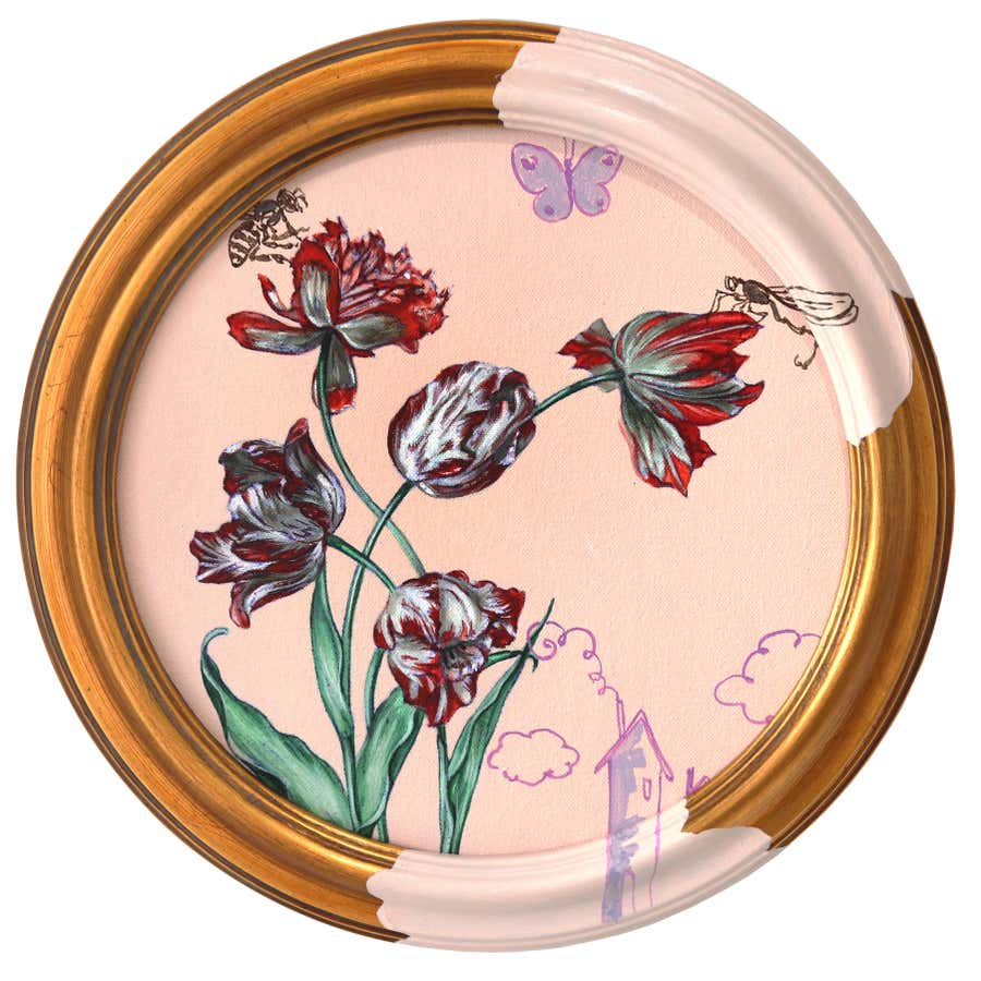 Five Red Tulips - Framed Pink Original Whimsical Floral Artwork on Canvas