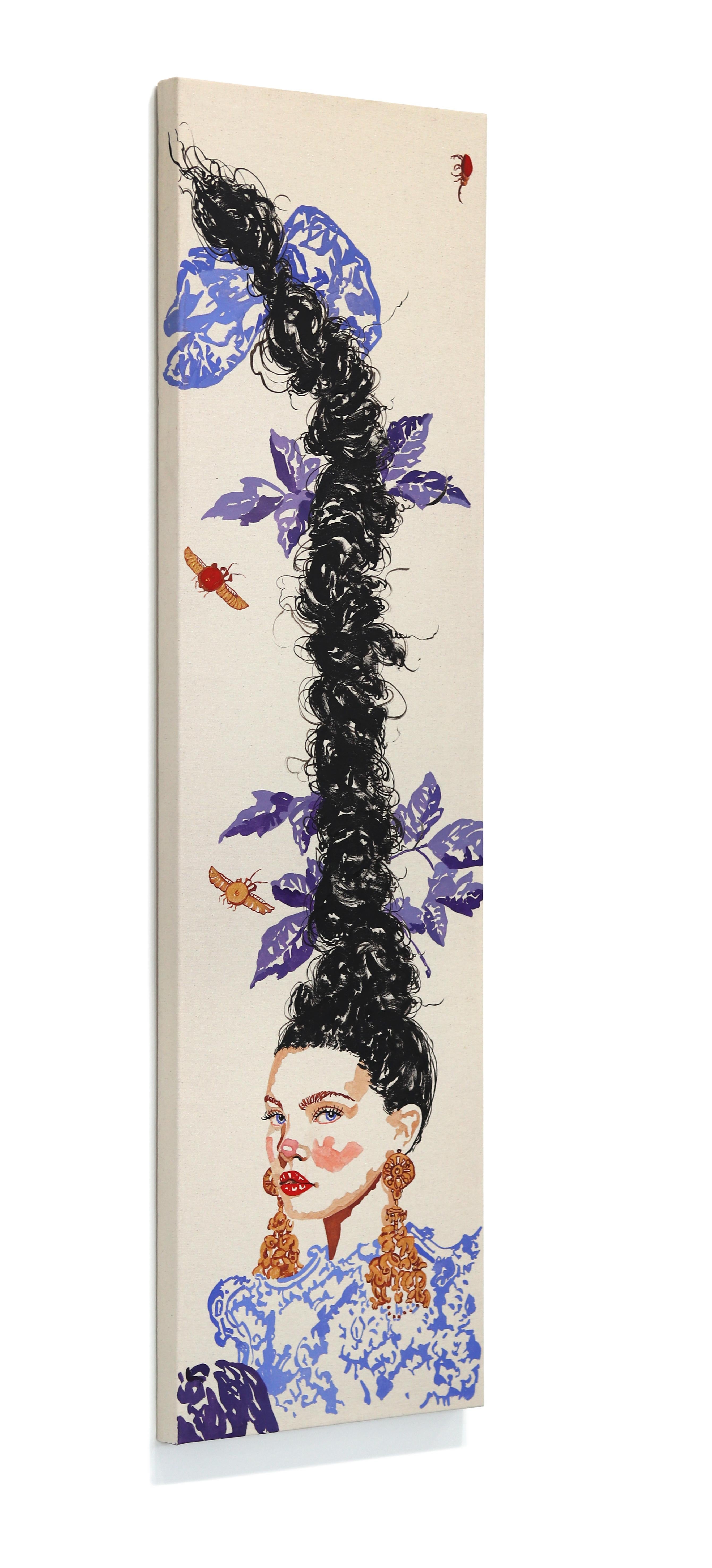 Gold-Ohrringe - Große bunte surrealistische figurative weibliche Porträtmalerei (Schwarz), Portrait Painting, von Carlos Gamez De Francisco