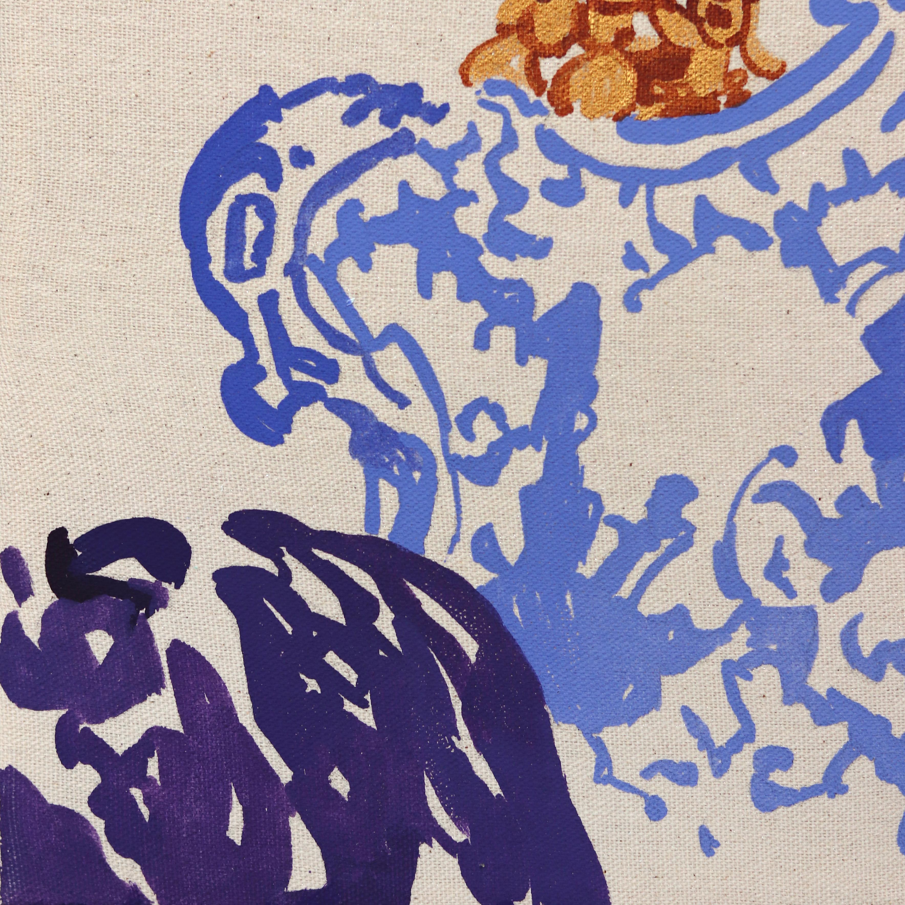 Gold-Ohrringe - Große bunte surrealistische figurative weibliche Porträtmalerei im Angebot 2