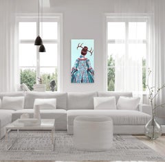 Green Summer - Original Surrealist Figurative Painting of Girl with Antler Crown