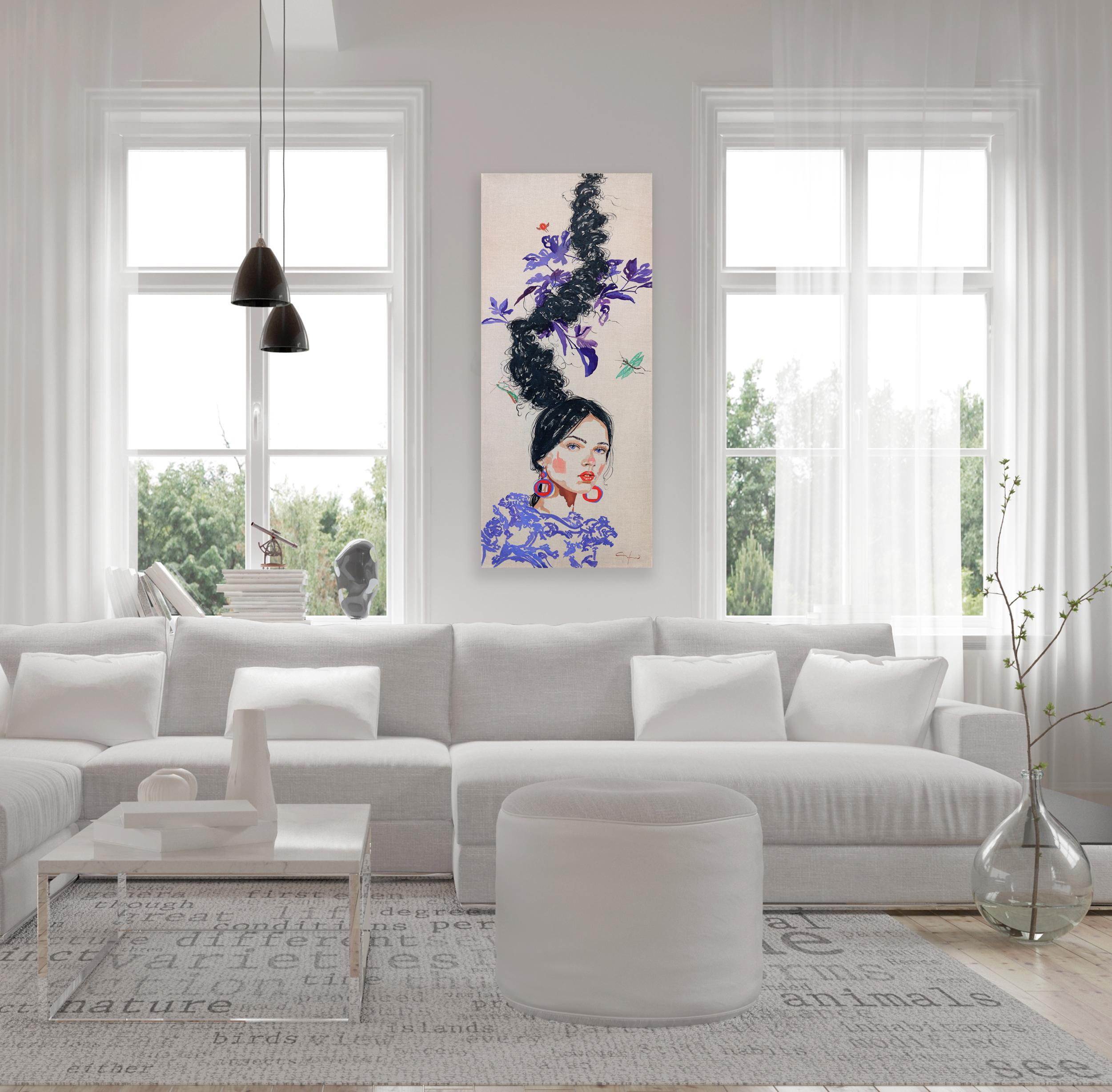 Purple Leaves - Large Colorful Surrealist Figurative Feminine Portrait Painting For Sale 1