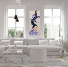 Purple Leaves - Große bunte surrealistische figurative weibliche Porträtmalerei