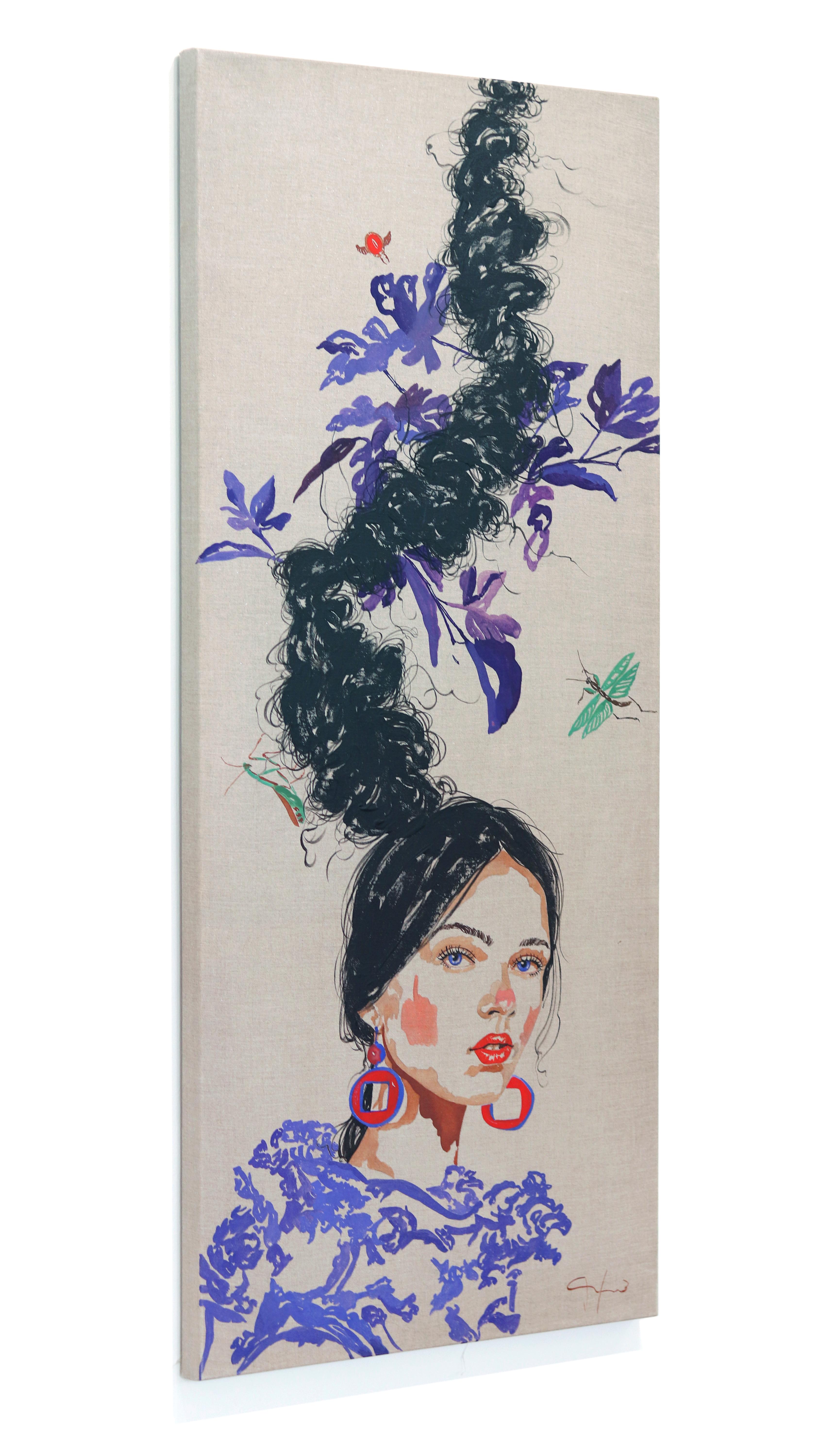 Purple Leaves - Large Colorful Surrealist Figurative Feminine Portrait Painting For Sale 3