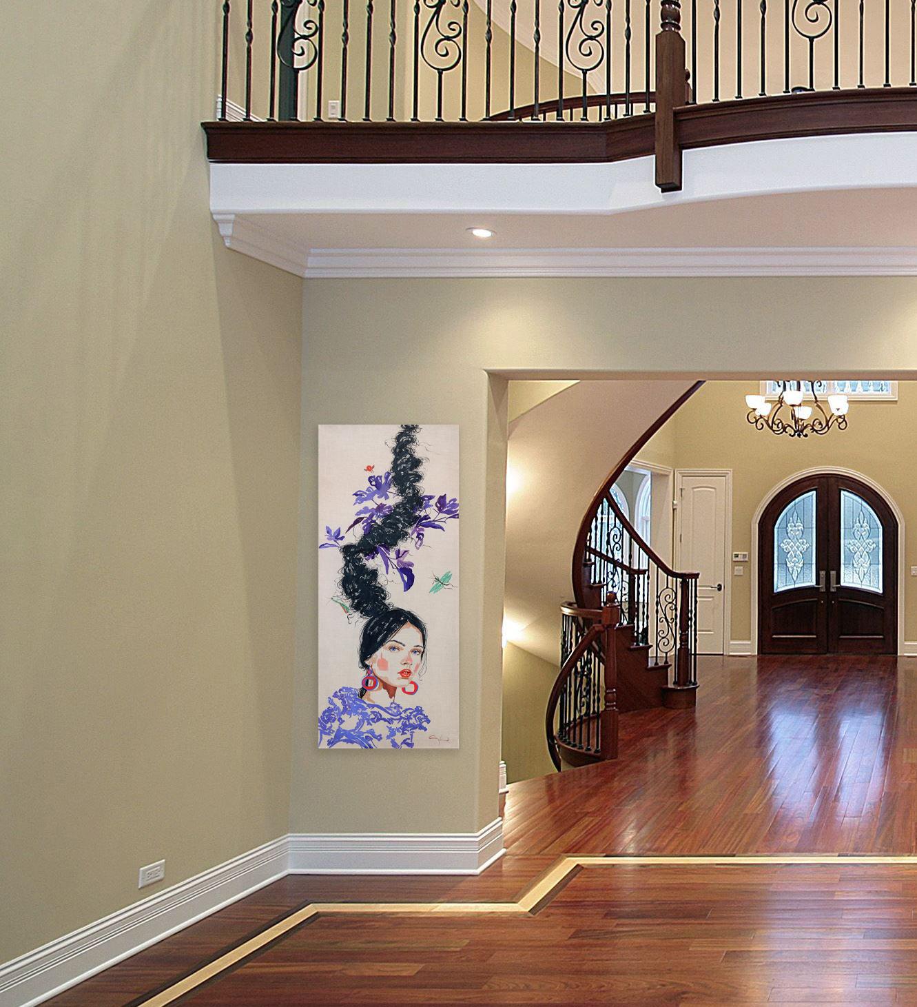 Purple Leaves - Large Colorful Surrealist Figurative Feminine Portrait Painting For Sale 5