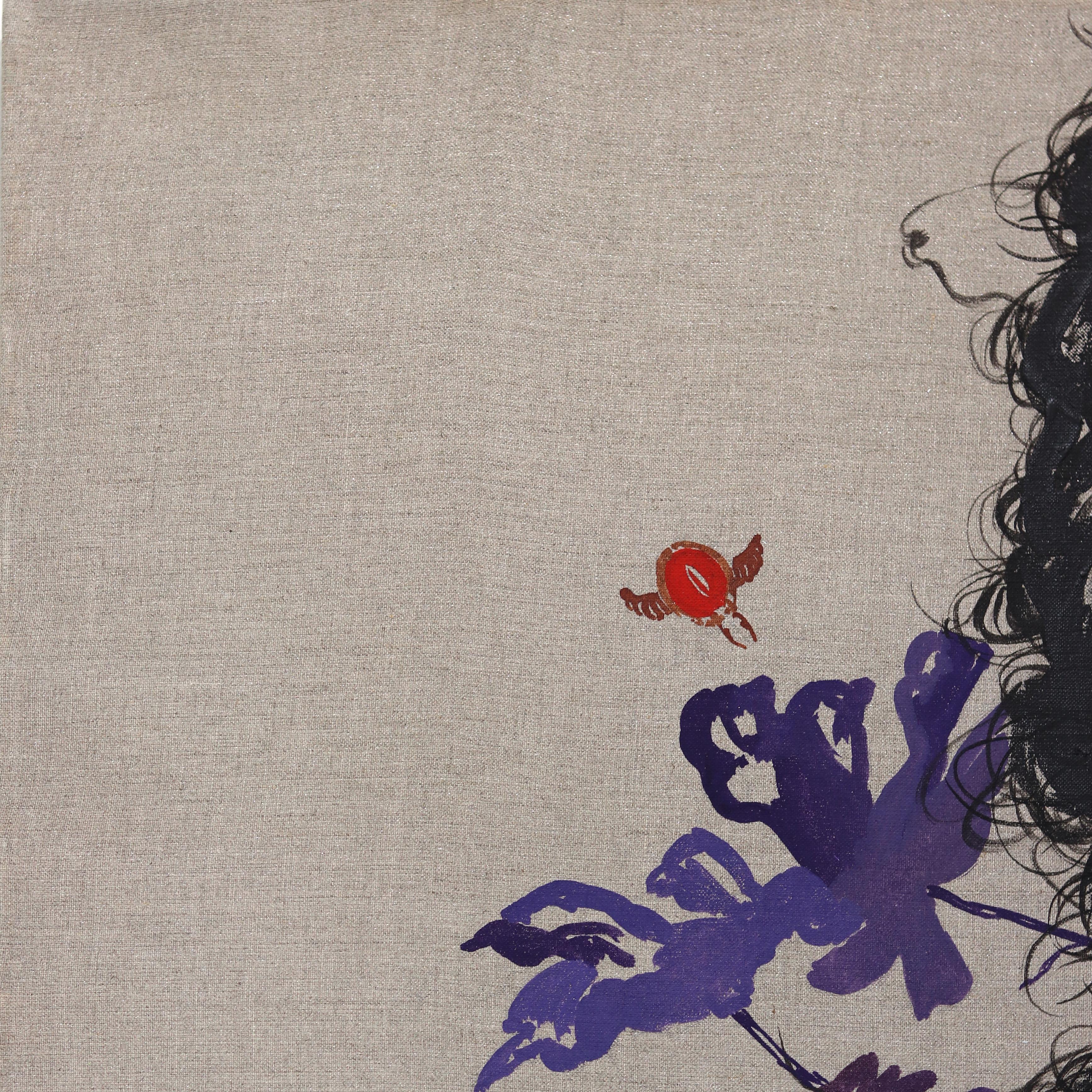 Purple Leaves - Large Colorful Surrealist Figurative Feminine Portrait Painting For Sale 7