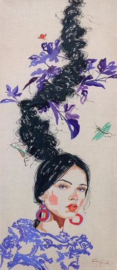 Purple Leaves - Large Colorful Surrealist Figurative Feminine Portrait Painting