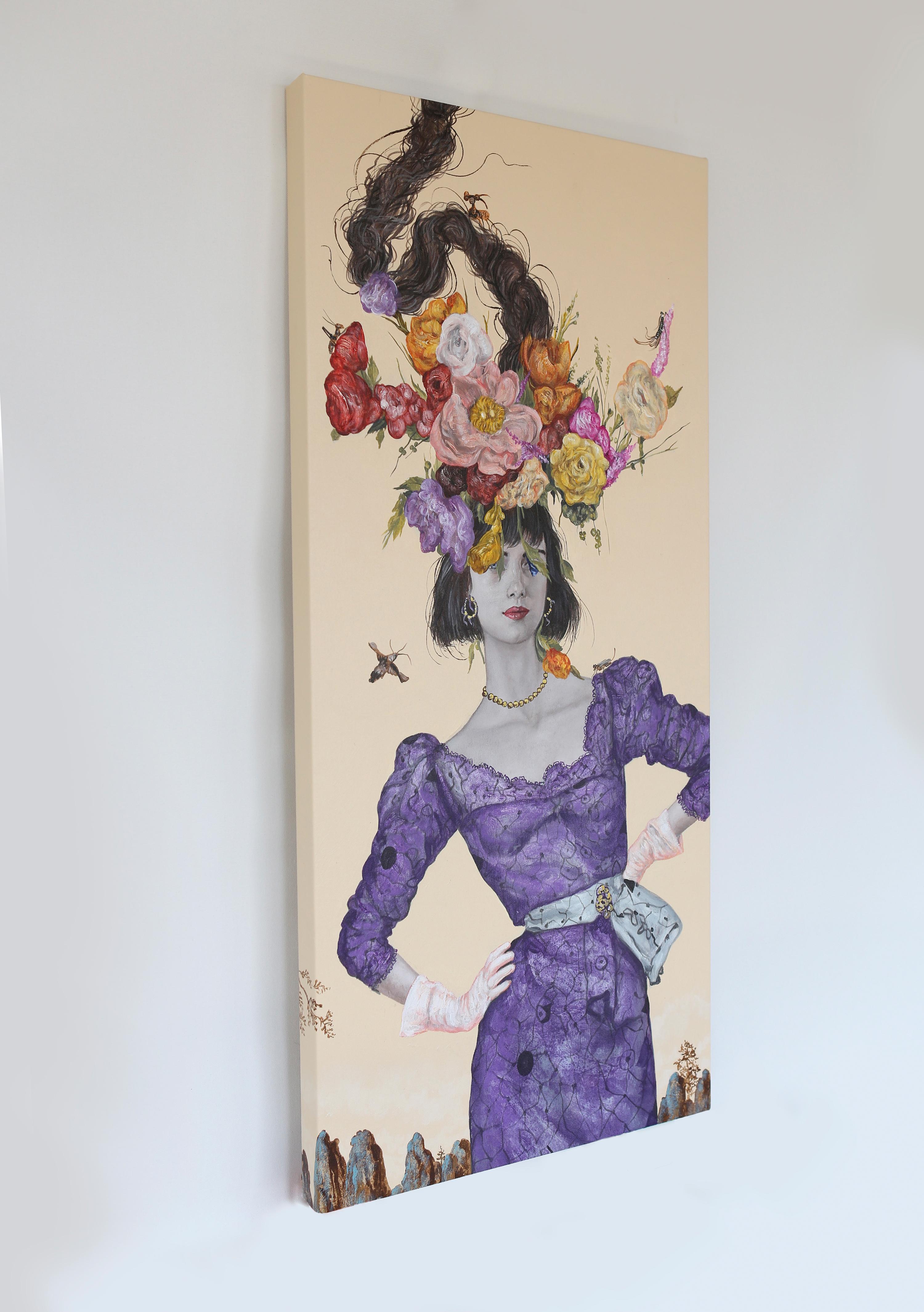 Frühling III - Zeitgenössische farbige figurative surrealistische Malerei (Beige), Portrait Painting, von Carlos Gamez De Francisco