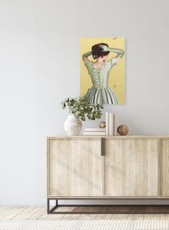 Striped Gloves - Original Figurative Portrait Woman Surrealist Green Yellow Art