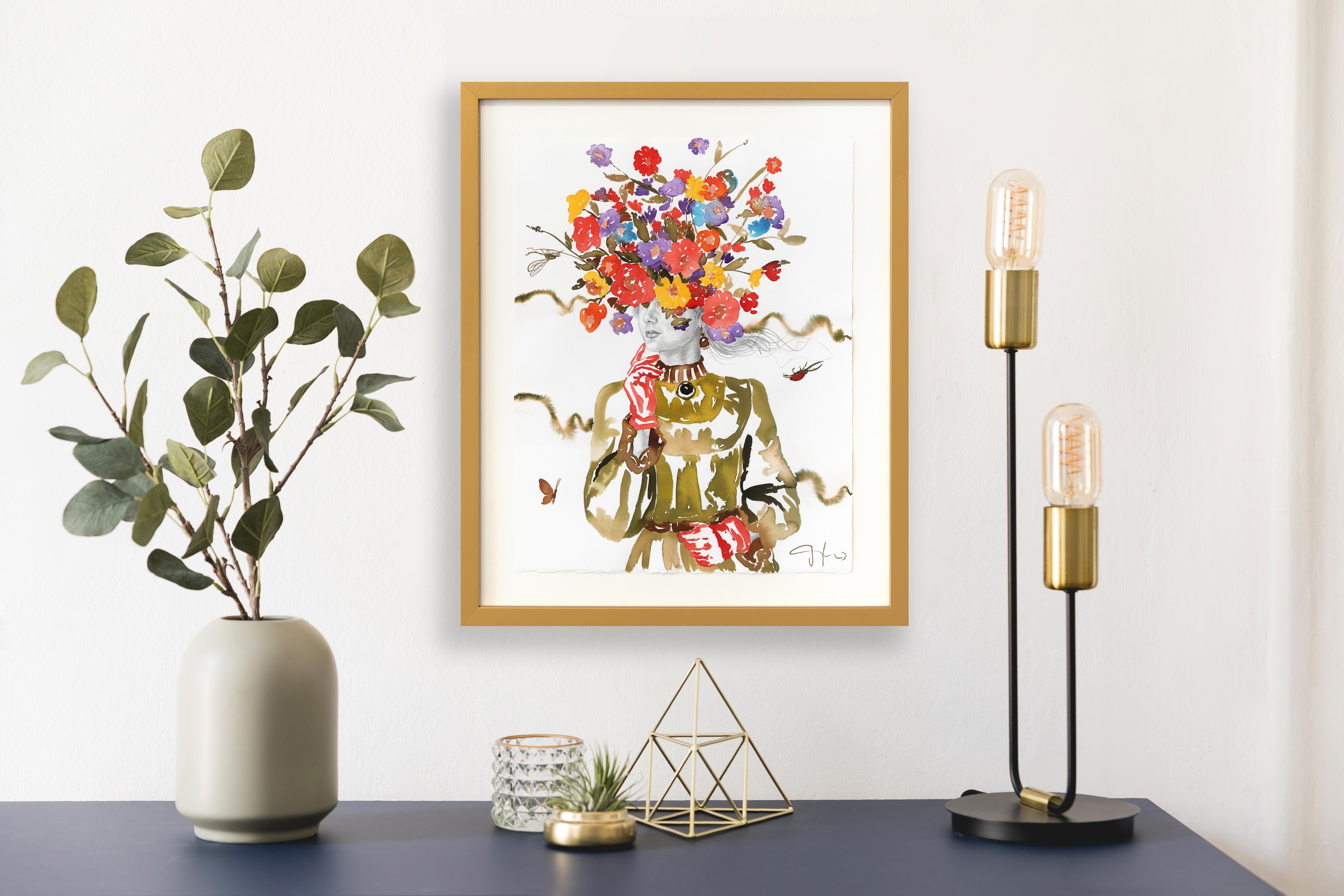 Das Outfit - Original farbenfrohe florale figurative weibliche surrealistische gerahmte Kunst – Painting von Carlos Gamez De Francisco