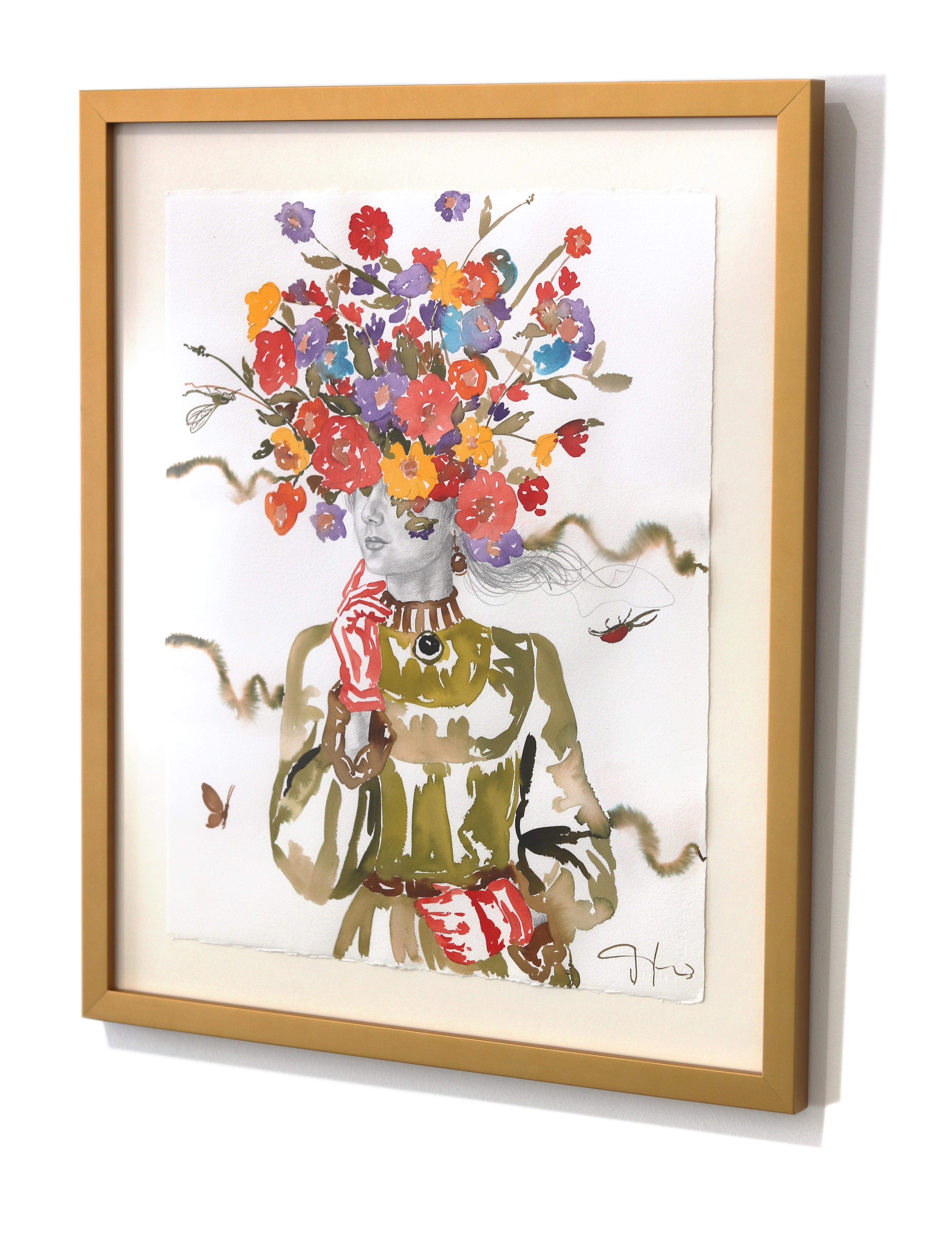 Das Outfit - Original farbenfrohe florale figurative weibliche surrealistische gerahmte Kunst (Weiß), Abstract Painting, von Carlos Gamez De Francisco