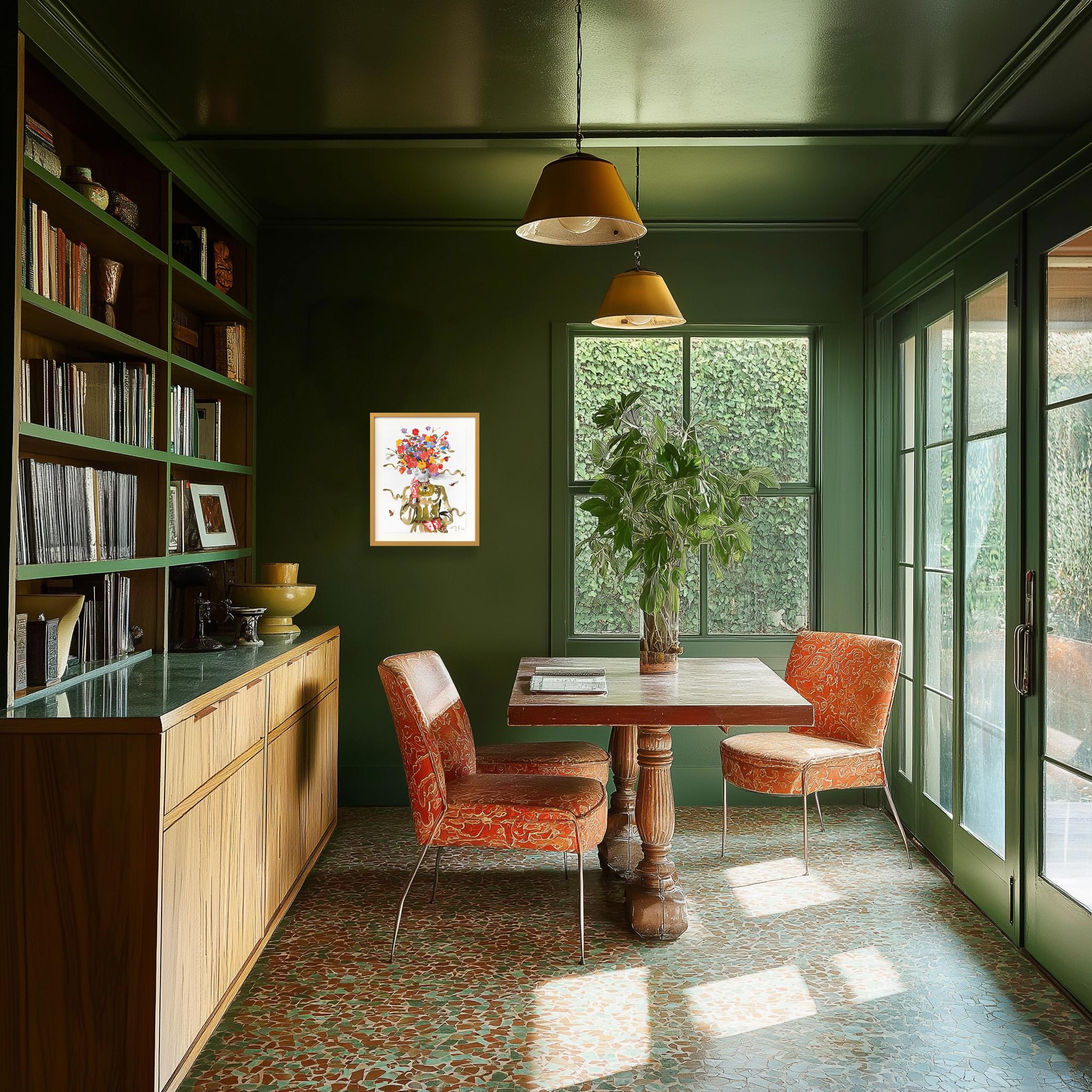 Das Outfit - Original farbenfrohe florale figurative weibliche surrealistische gerahmte Kunst im Angebot 1