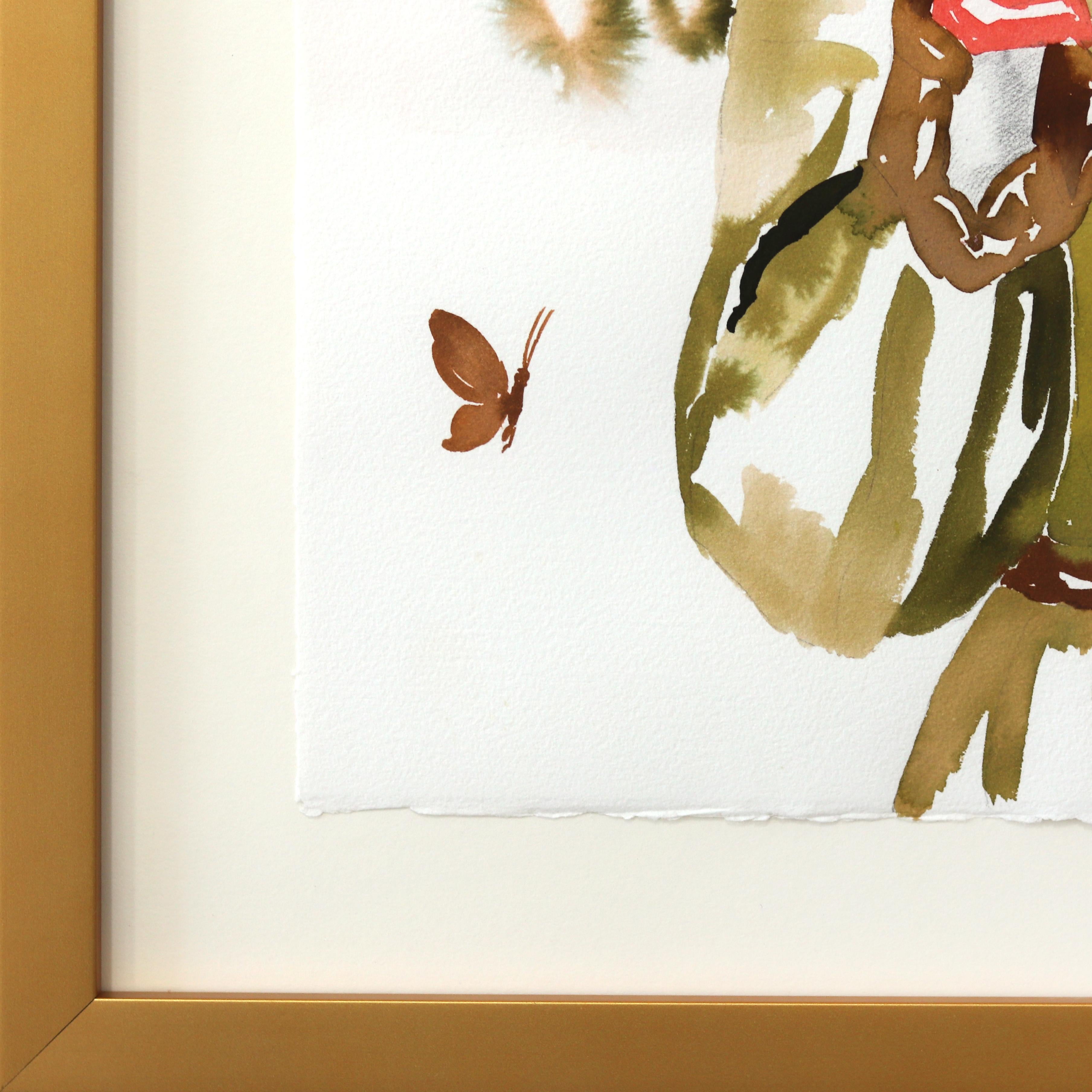 Das Outfit - Original farbenfrohe florale figurative weibliche surrealistische gerahmte Kunst im Angebot 2