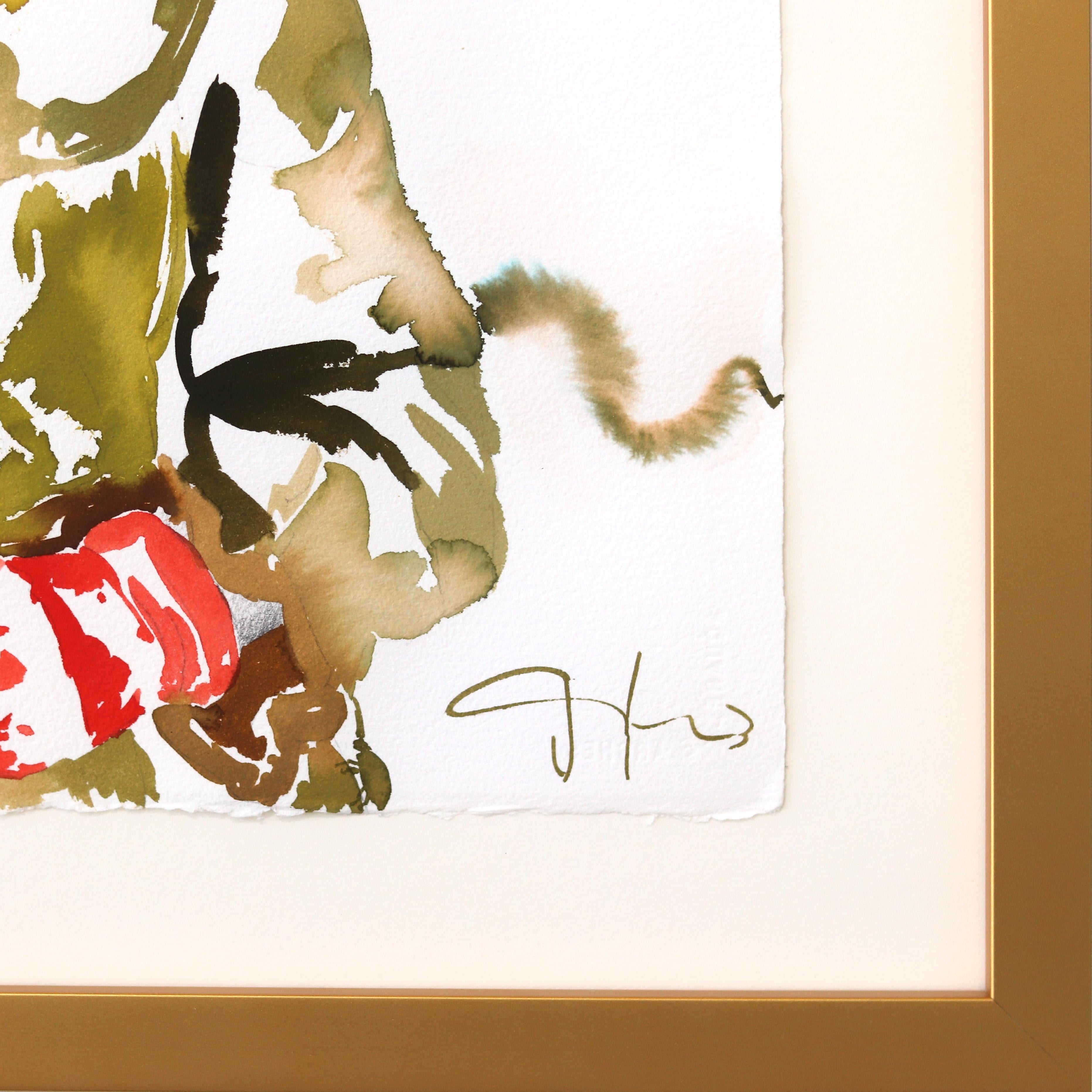 Das Outfit - Original farbenfrohe florale figurative weibliche surrealistische gerahmte Kunst im Angebot 3