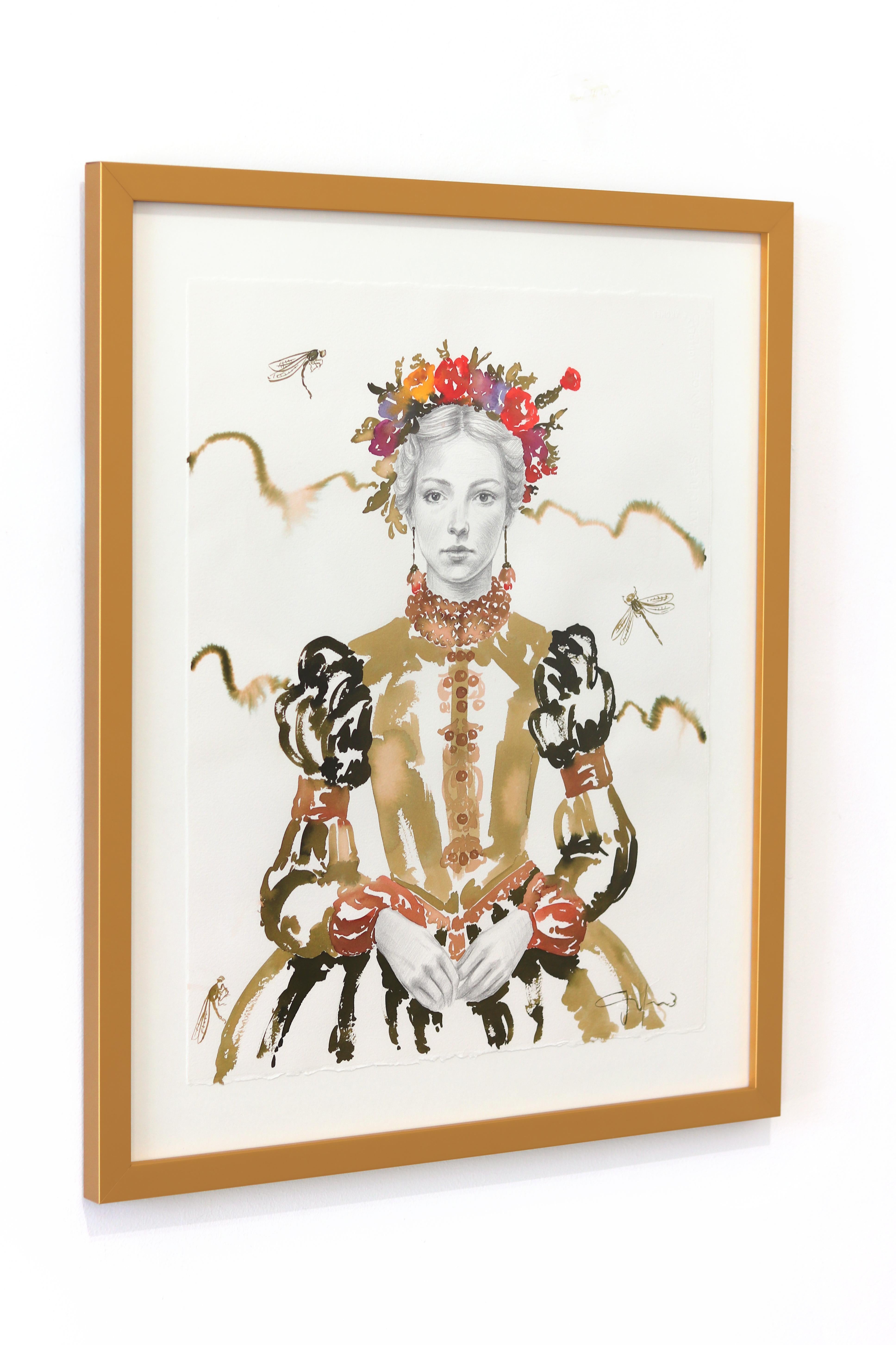 The Pearl Necklace Story II - Surrealist Figurative Feminine Framed Portrait (Grau), Figurative Painting, von Carlos Gamez De Francisco