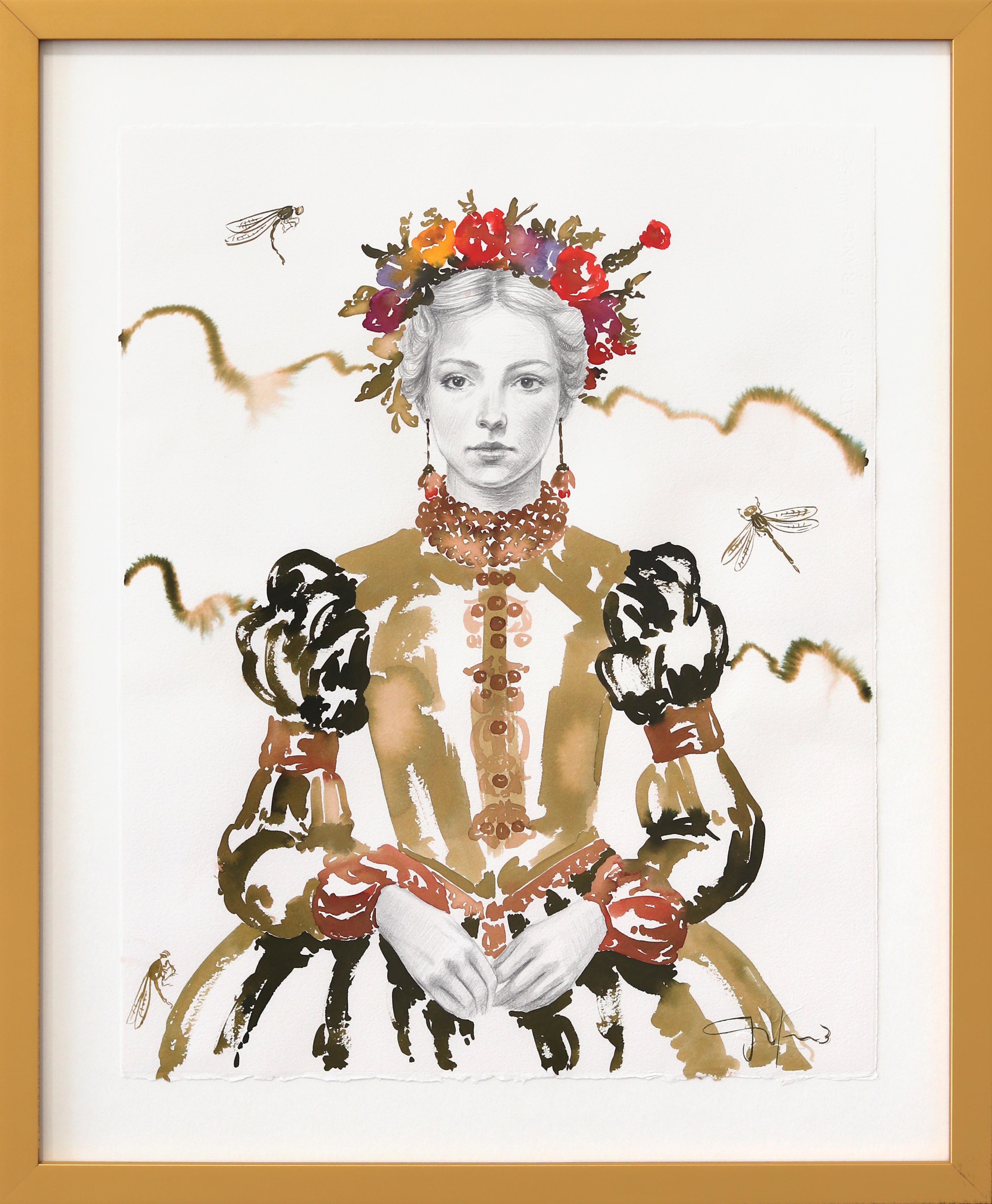Carlos Gamez De Francisco Figurative Painting – The Pearl Necklace Story II - Surrealist Figurative Feminine Framed Portrait