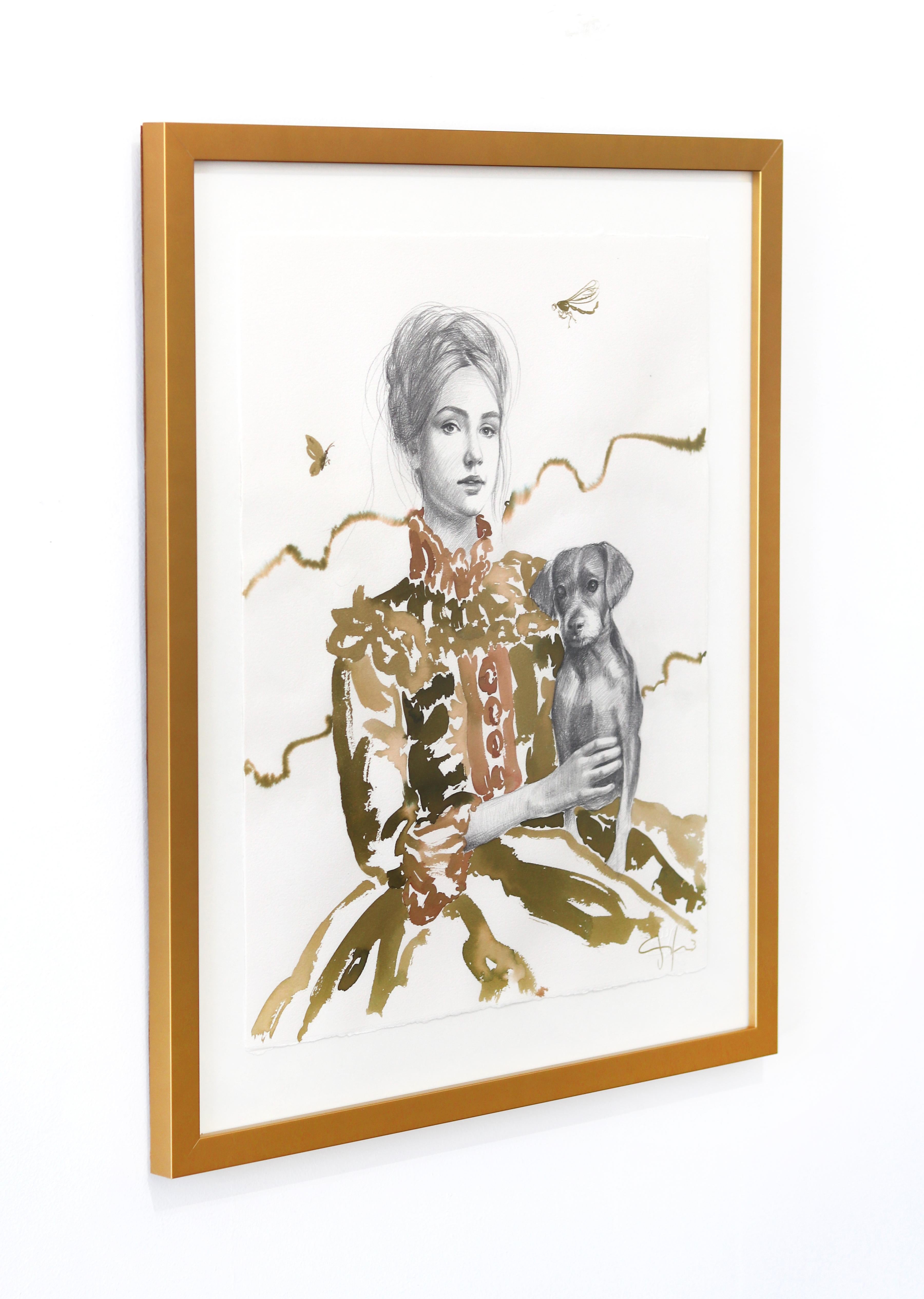 Young Woman with Dog - Surrealist Figurative Feminine Abstract Framed Portrait (Beige), Figurative Painting, von Carlos Gamez De Francisco