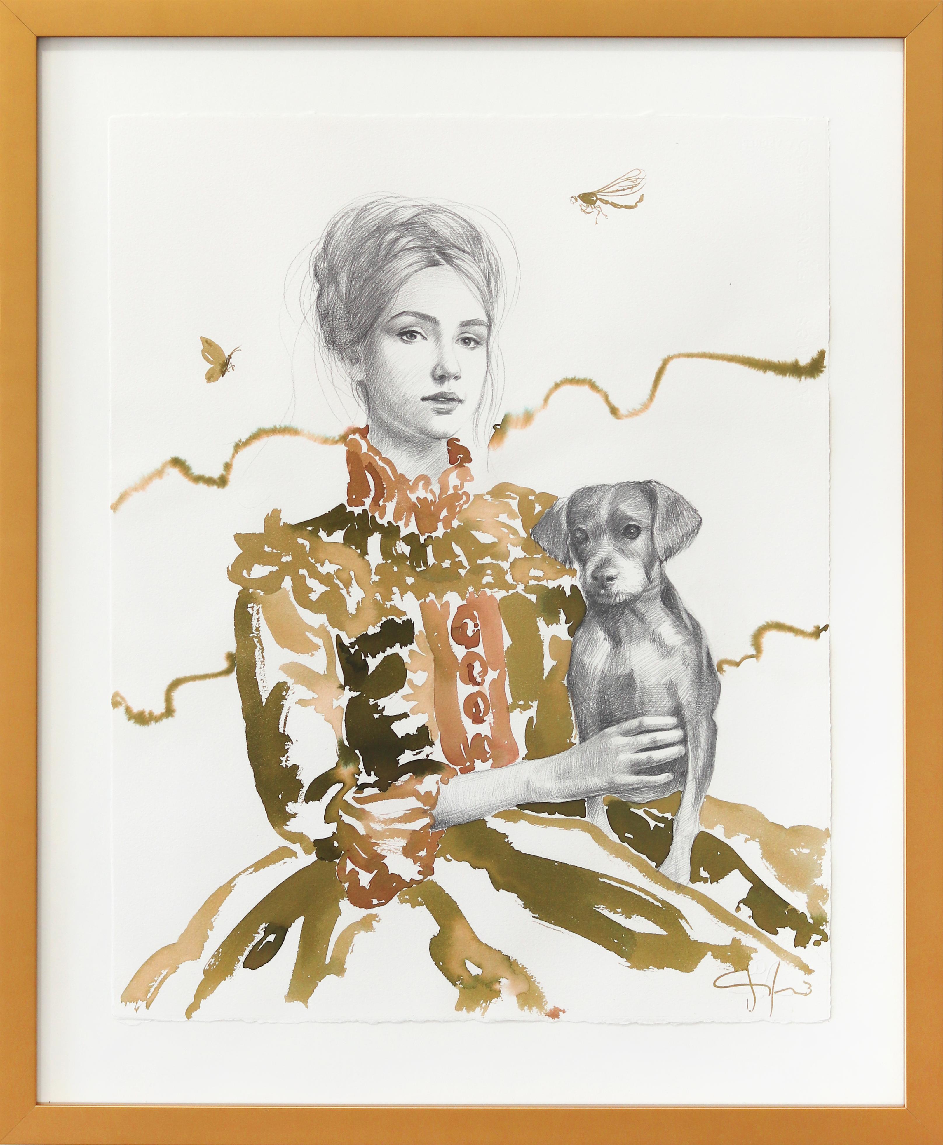 Young Woman with Dog - Surrealist Figurative Feminine Abstract Framed Portrait