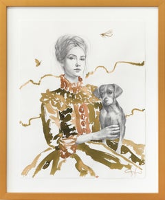 Young Woman with Dog - Surrealist Figurative Feminine Abstract Framed Portrait