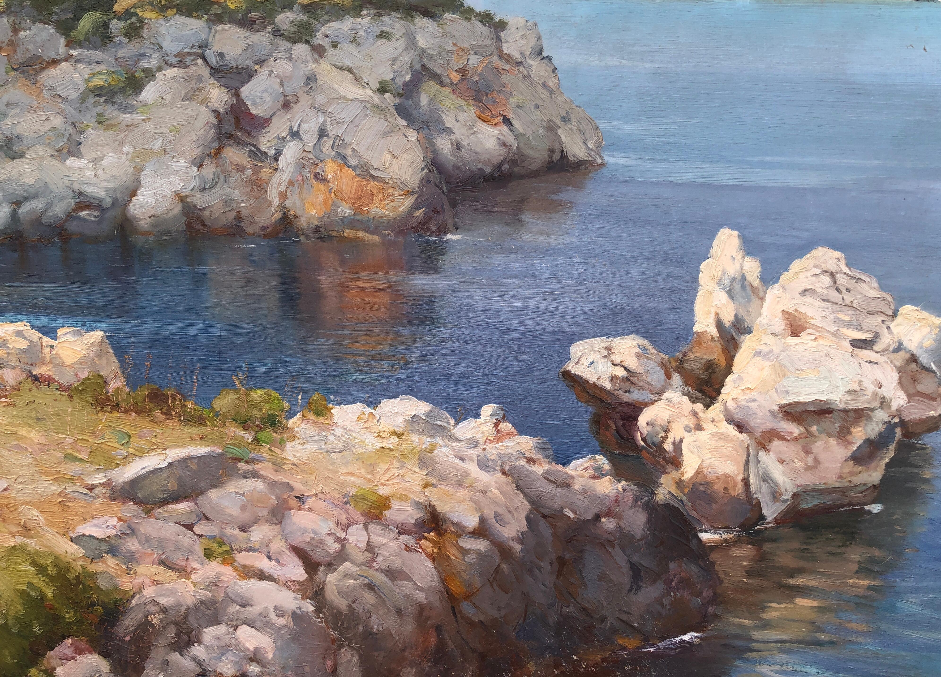 coast of majorca Mallorca Spain oil on canvas painting - Gray Landscape Painting by Carlos Garcia Cuervas