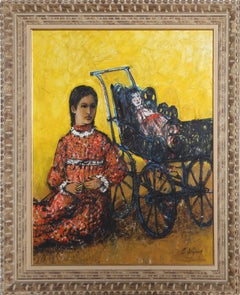 Niño con muñeca y calesa, pintura al óleo impresionista de Carlos Irizarry